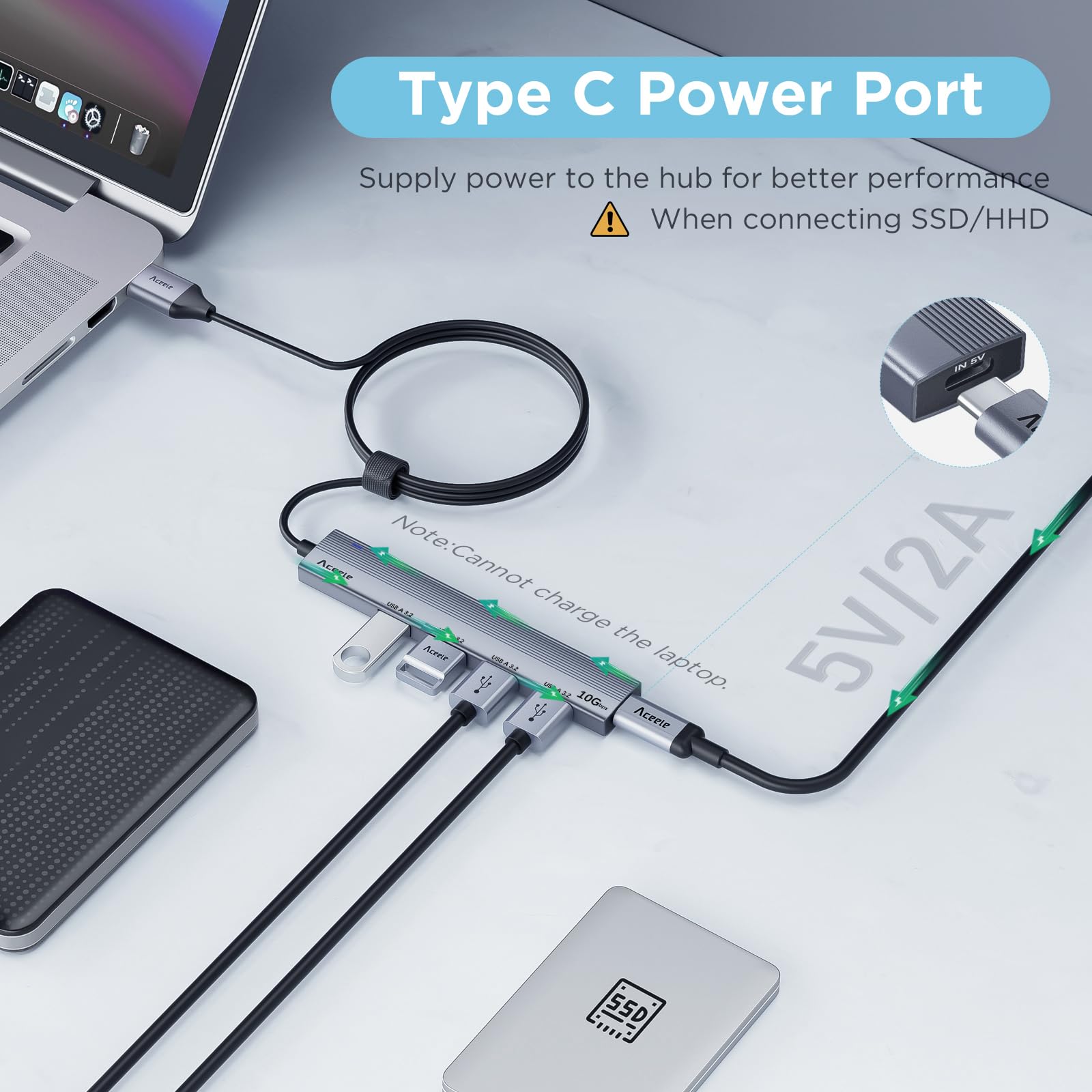 Aceele 10Gbps Usb 3.2 Hub With 4 Usb A 3.2 Ports, Usb 3.2 Gen 2 Splitter With 4Ft Extented Long Data Cable And Type-C Power Port