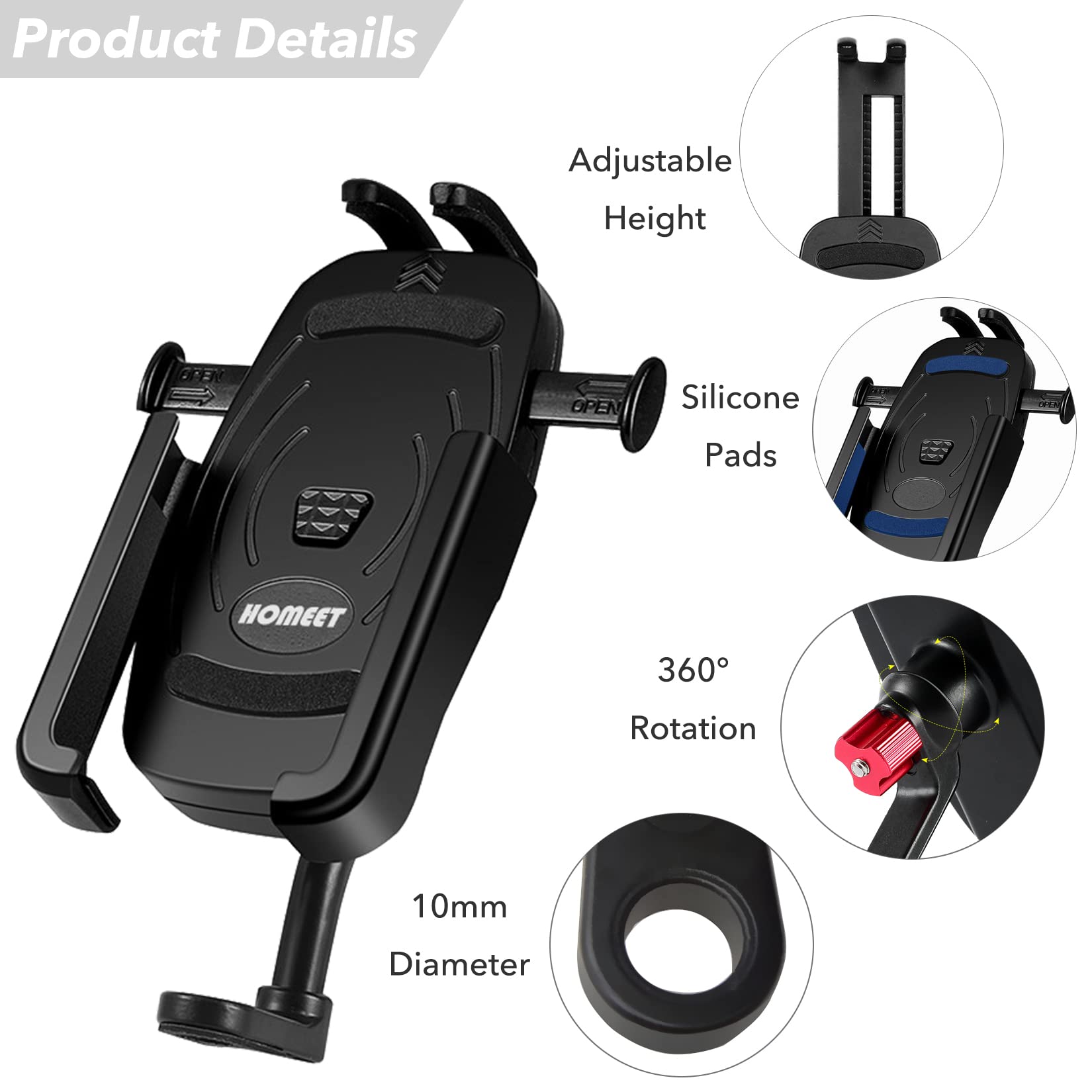 Homeet Motorcycle Phone Mount, Aluminum Alloy Scooter Cellphone Holder Moped Rearview Mirror Smartphone Universal Mount For 4.0