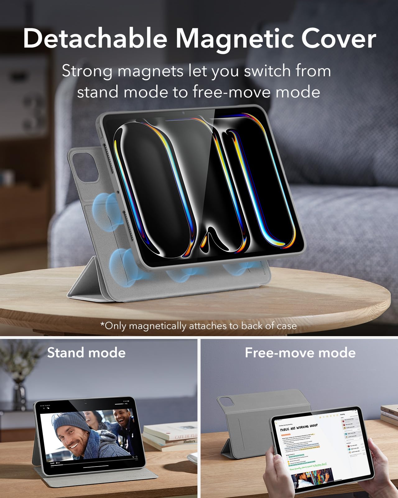 Esr For Ipad Pro 13 Inch Case M4(2024), Ipad Pro 13 Case With Pencil Holder, Removable Magnetic Cover, Vertical Stand, Fully Supports Pencil Pro And Pencil(Usb C), Rebound 360 Series, Grey