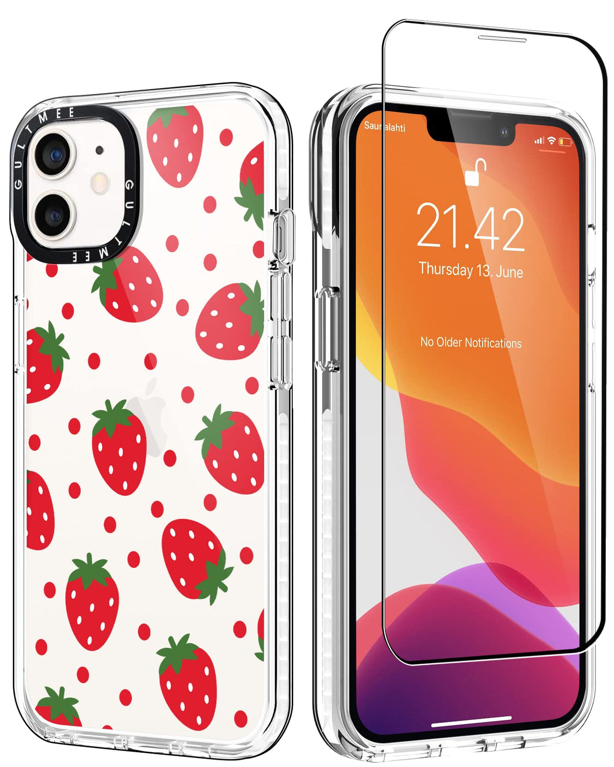 Gultmee For Iphone 12 Case & Iphone 12 Pro Case With 1 Screen Protector,Red Strawberry Cute Print Slim Design With Shockproof Pc