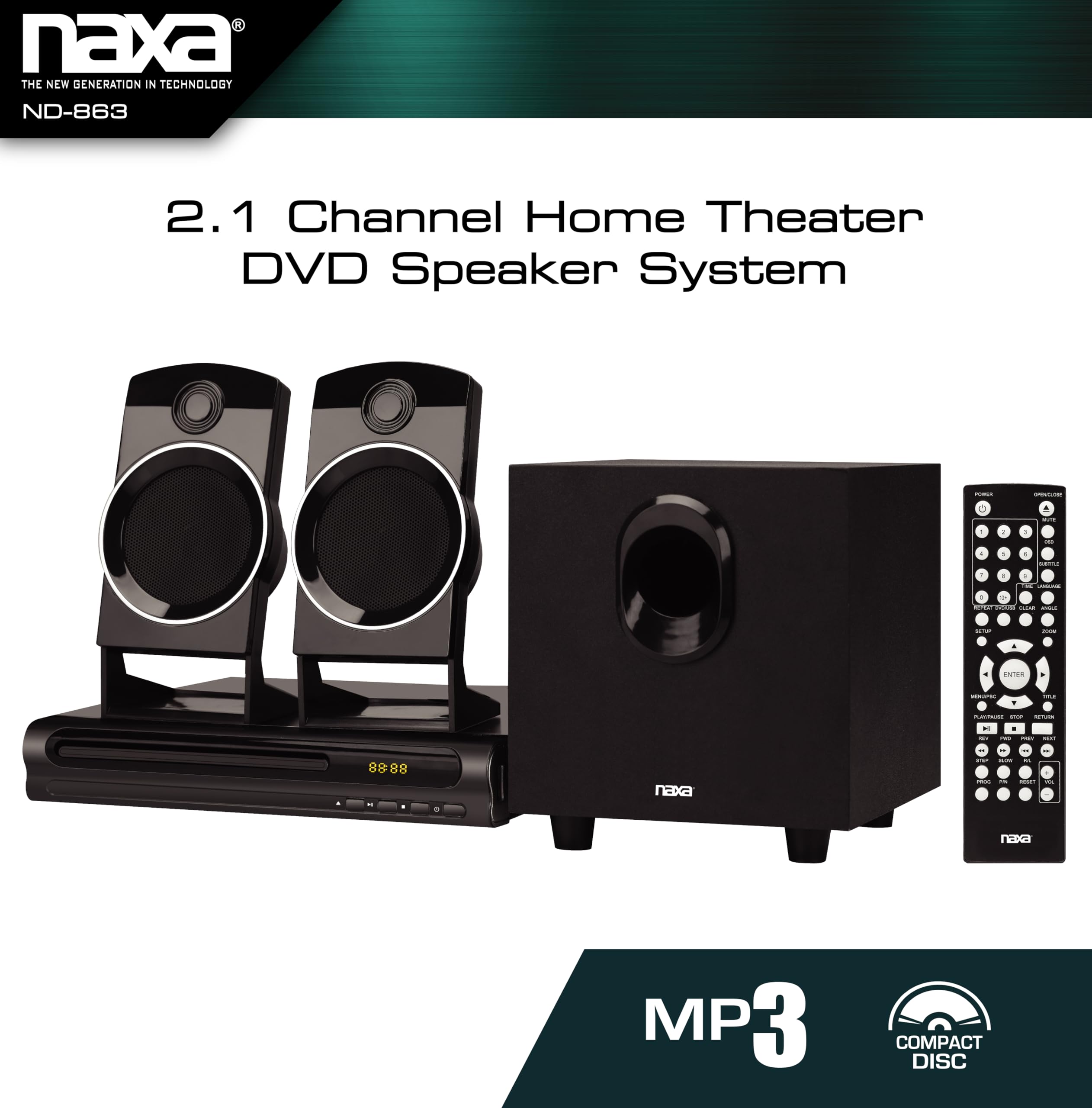 Naxa Nd-863 2.1 Channel Home Theater Dvd Player And Speaker Surround Sound System, Black