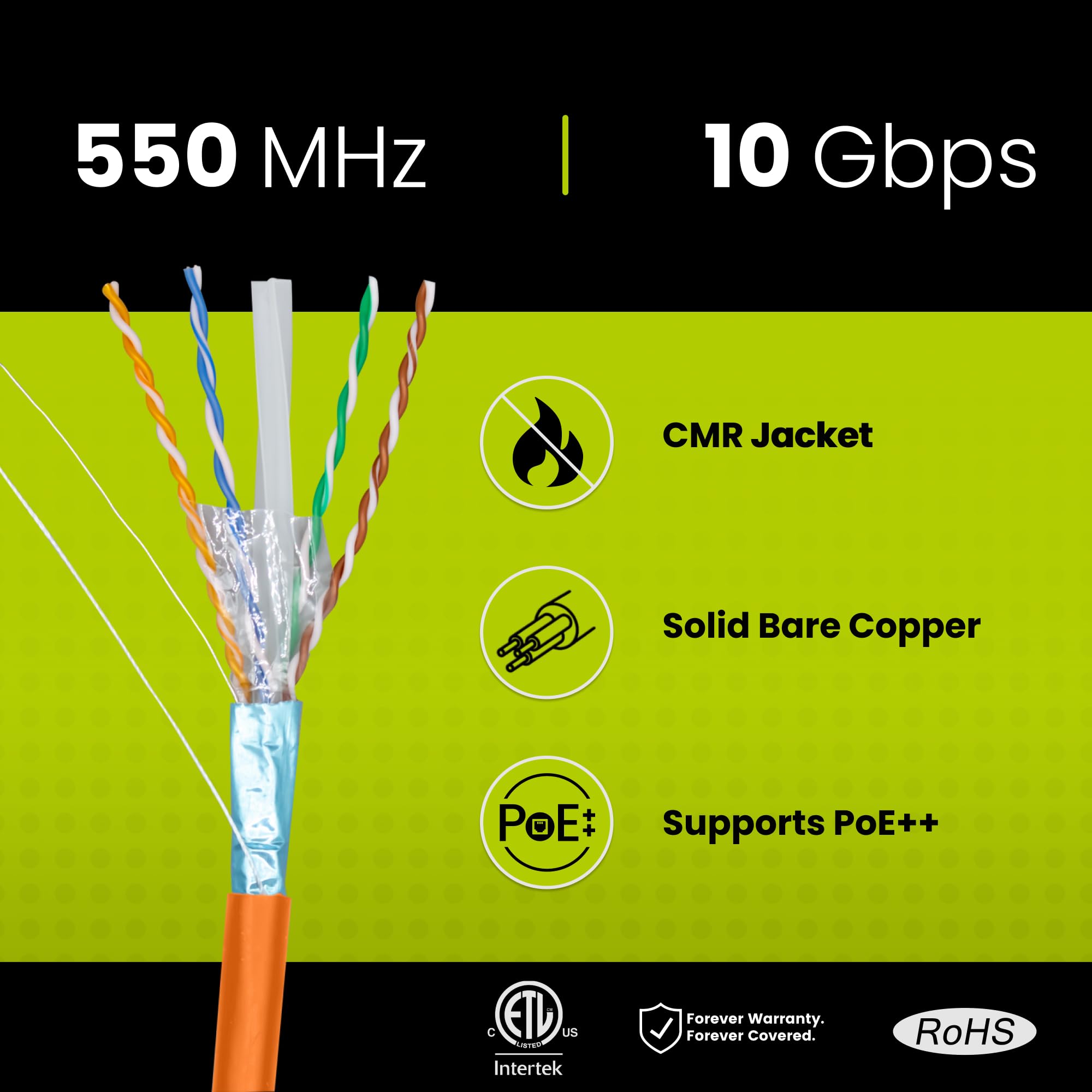 Truecable Cat6 Shielded Riser (Cmr), 1000Ft, Orange, 23Awg Solid Bare Copper, 550Mhz, Poe++ (4Ppoe), Etl Listed, Overall Aluminum Foil Shield (F/Utp), Bulk Ethernet Cable