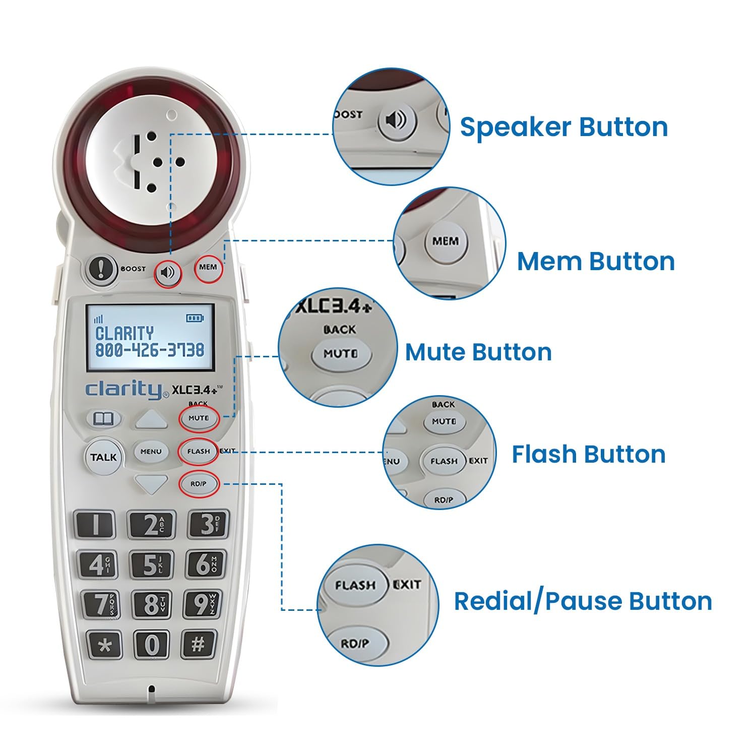 Clarity Xlc3.4+ Dect 6.0 Landline Amplified Cordless Phone, Extra Loud Ringer, Big Buttons Cordless Home Phone, Talking Caller I