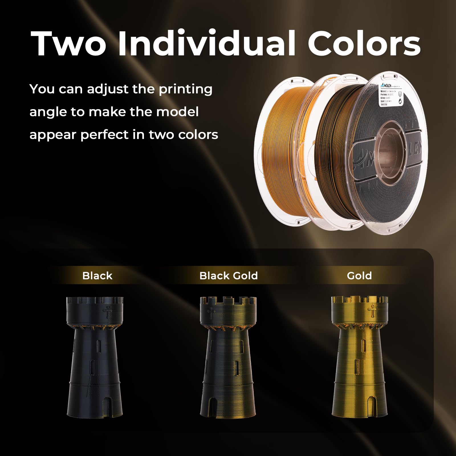 Amolen Silk Pla 3D Printer Filament, Dual Color Black Gold Pla 1.75Mm, Shiny Color Change Filament 3D Printing Pla Filament For
