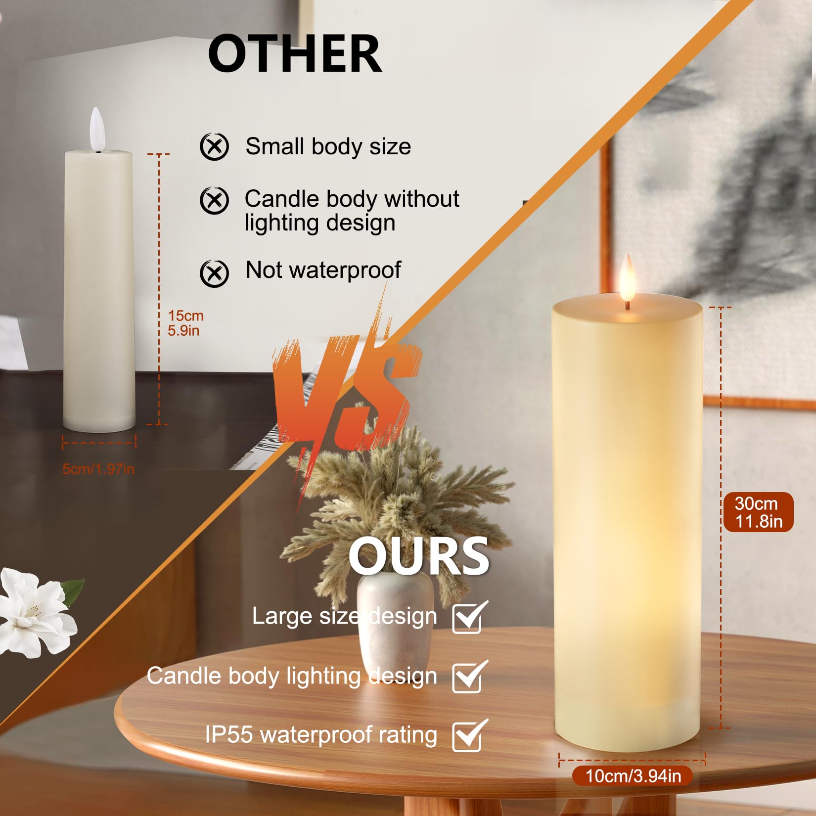 Aoxdwge 14'' X 4'' Large Flameless Pillar Candles With Remote, Waterproof Flickering Led Flameless Candles With Timer For Outdoo