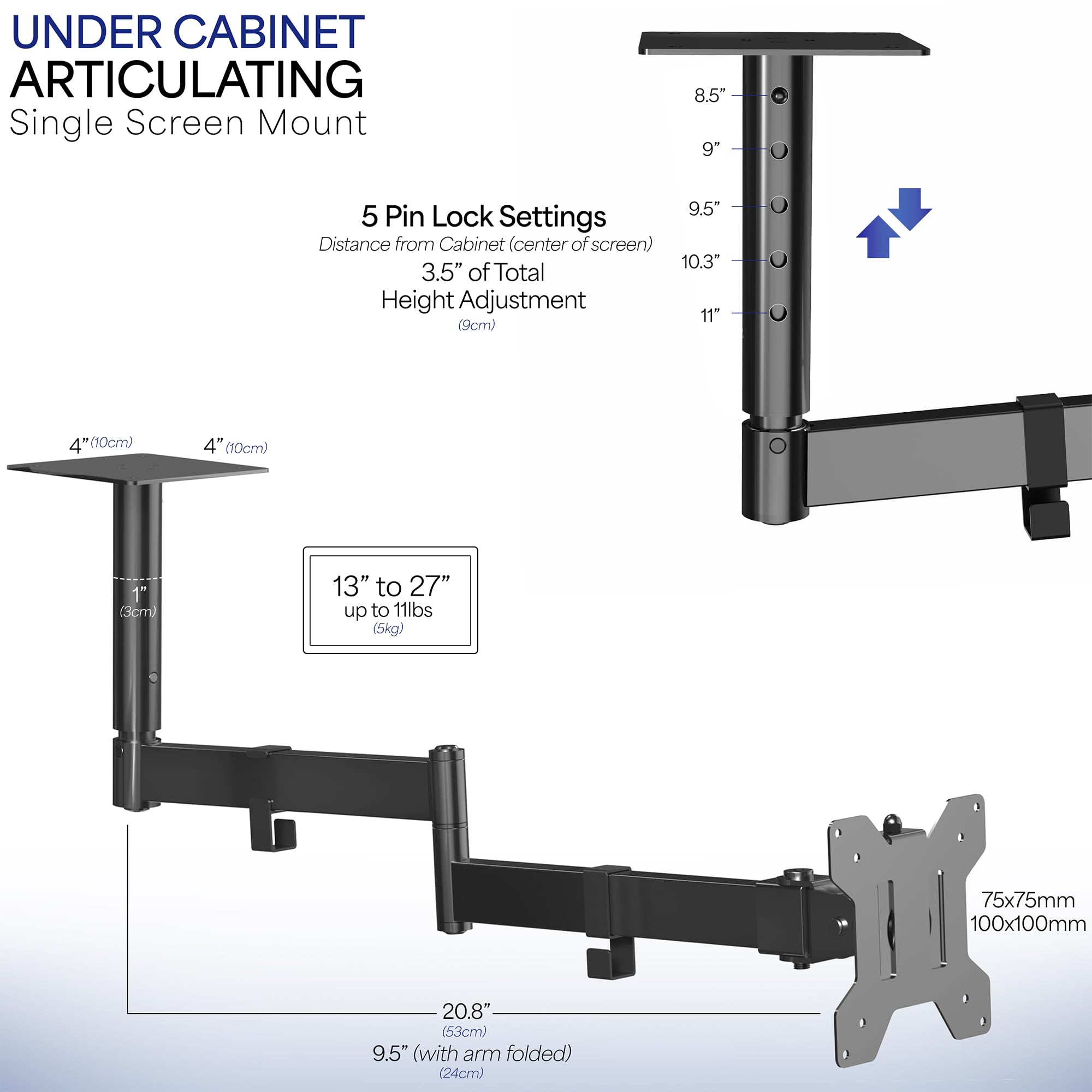 VIVO Under Cabinet Articulating 13 to 27 inch Single Monitor and Small TV Mount, Height Adjustable Long Extension Arm, Max VESA 100x100, Black, MOUNT VC01A