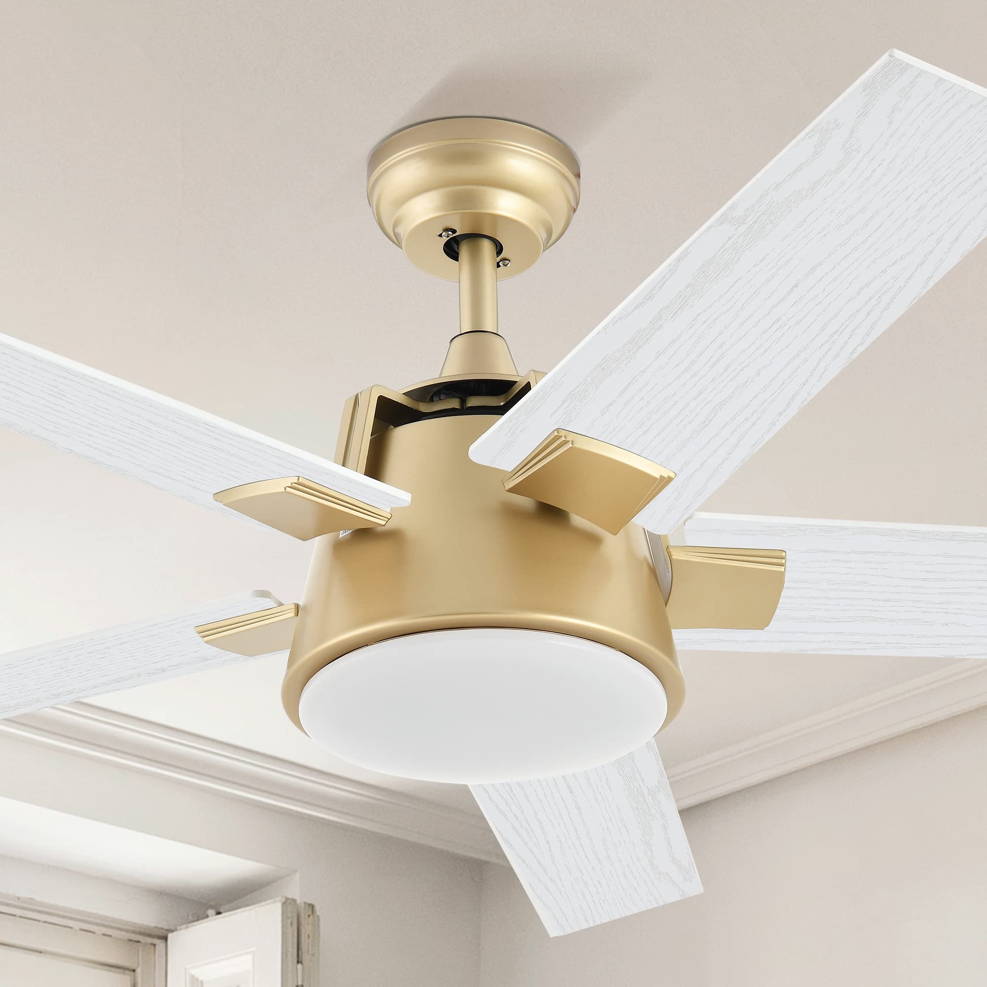 YITAHOME Ceiling Fan with Light and Wall Switch Remote, 52 Inch Modern Gold White Fan, Quiet Reversible Motor, Dimmable LED Colo