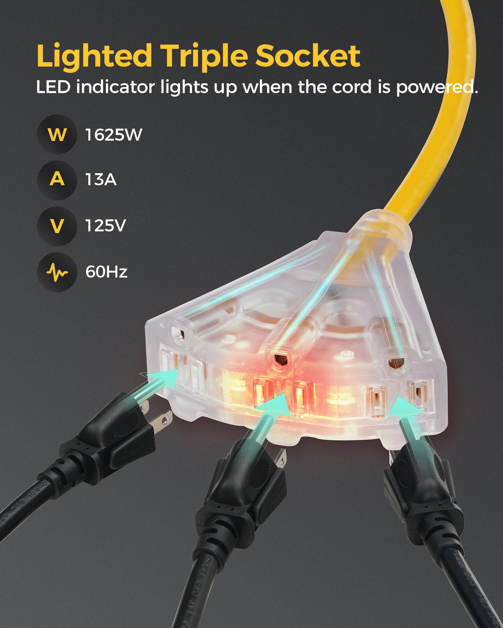 Wilawels Retractable Extension Cord Reel, 50 Ft Heavy Duty Power Cord, 14Awg/3C Sjtow, 3 Grounded Outlets Lighted Triple Tap, 13