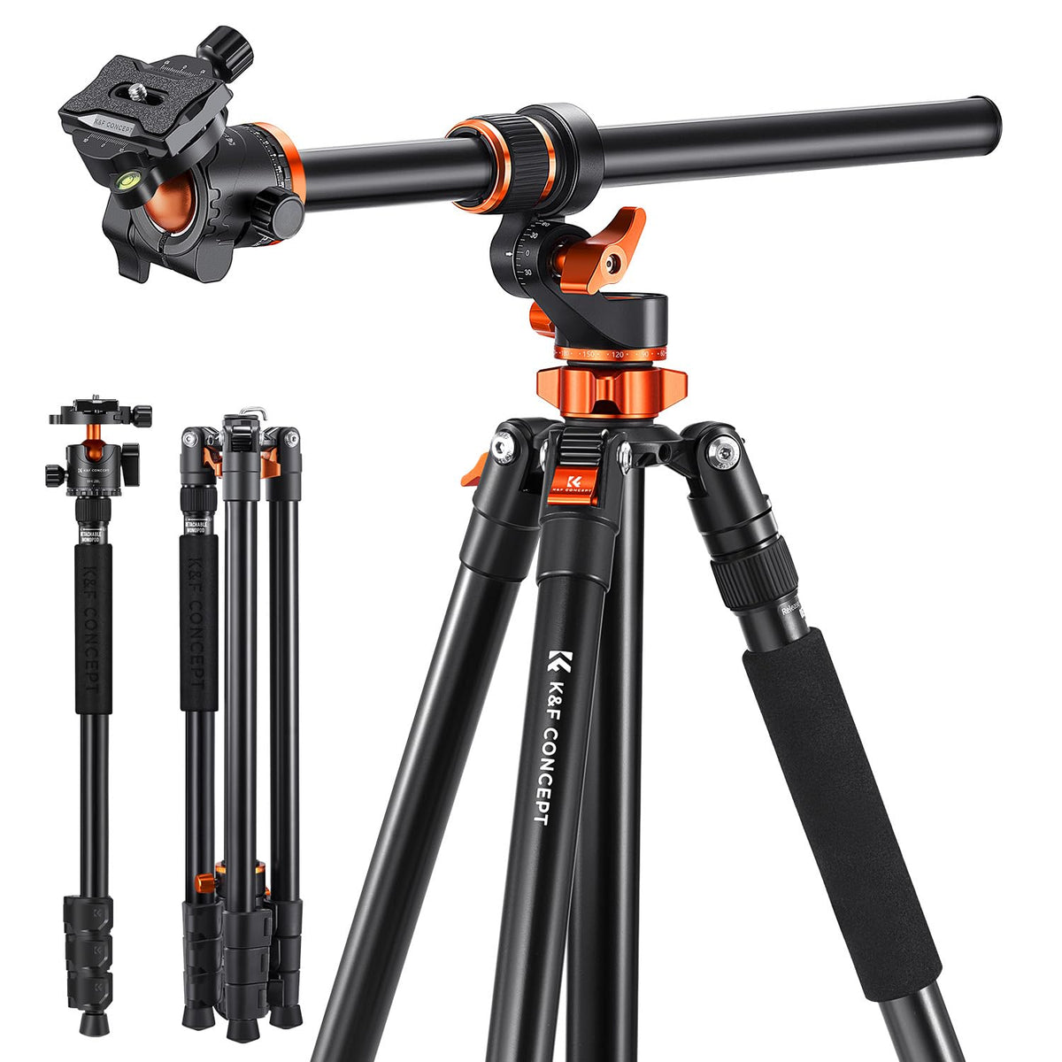 K&F Concept 90 Inch/230Cm Ultra High Camera Tripod,Horizontal Overhead Shooting Travel Tripods With Metal Ball Head 10Kg Load Capacity,Detachable Monopod, For Indoor And Outdoor Use T254A7+Bh 28L