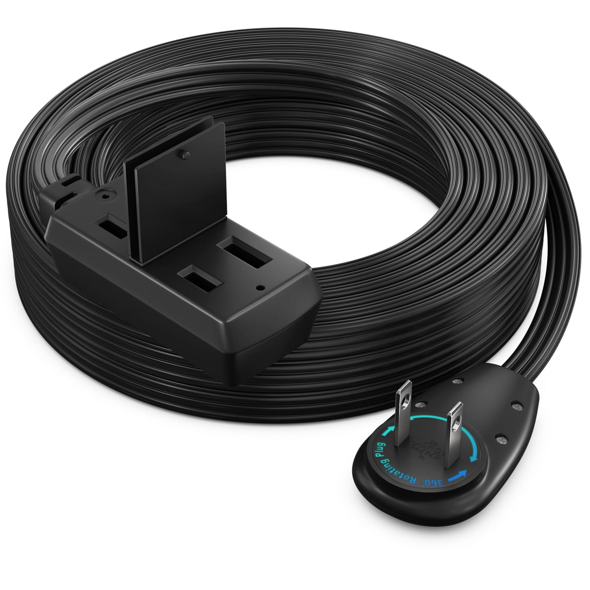 Maximm Cable 25Ft 360 Rotating Flat Plug Extension Cord/Wire, 16 Awg Multi 3 Outlet Extension Wire, 2 Prong With Safety Cover  