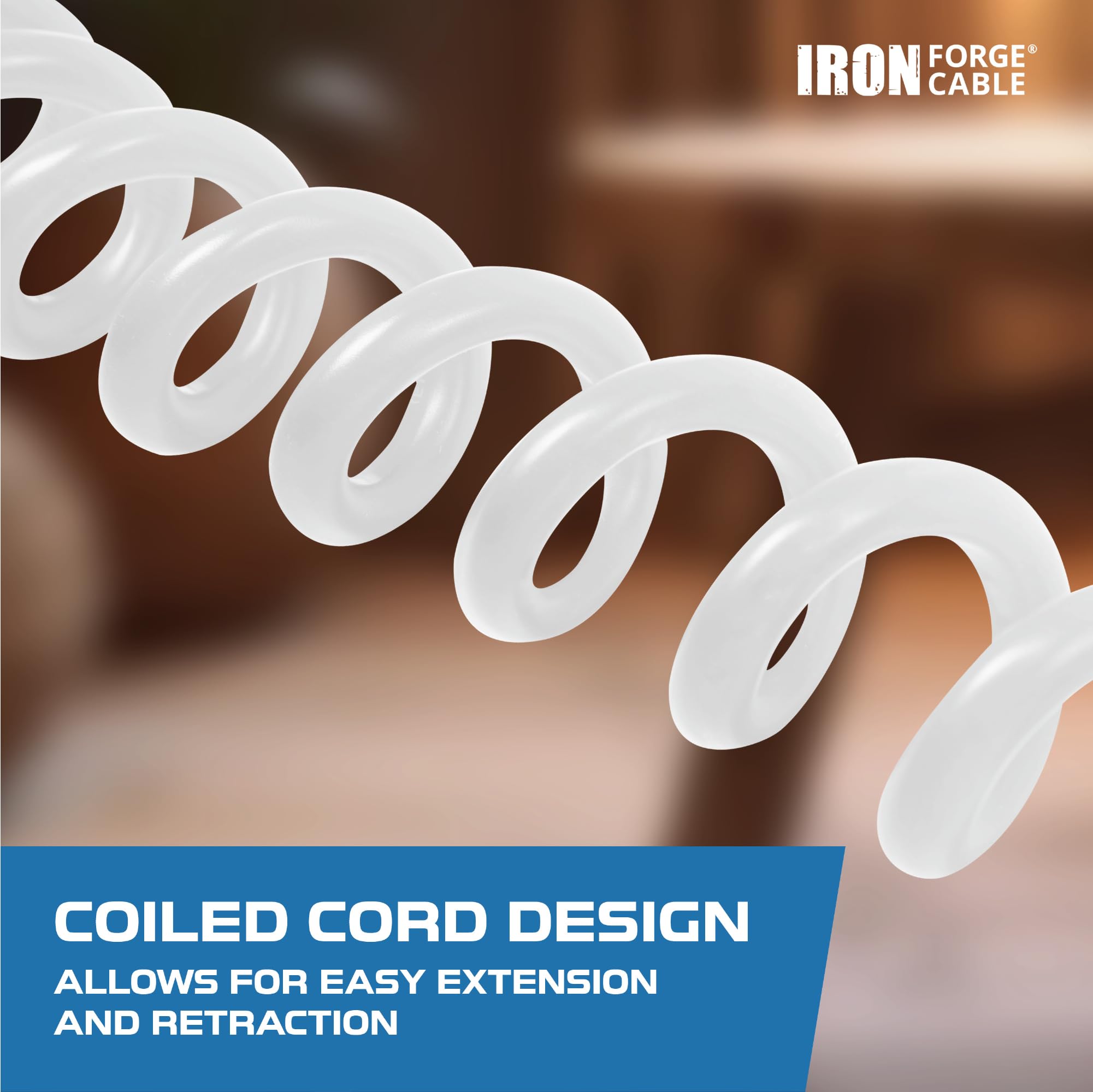 Iron Forge Cable 25Ft White Coiled Outdoor Extension Cord   16/3 Sjeow Oil Resistant & Flame Retardant 3 Prong 13 Amp Power Cord