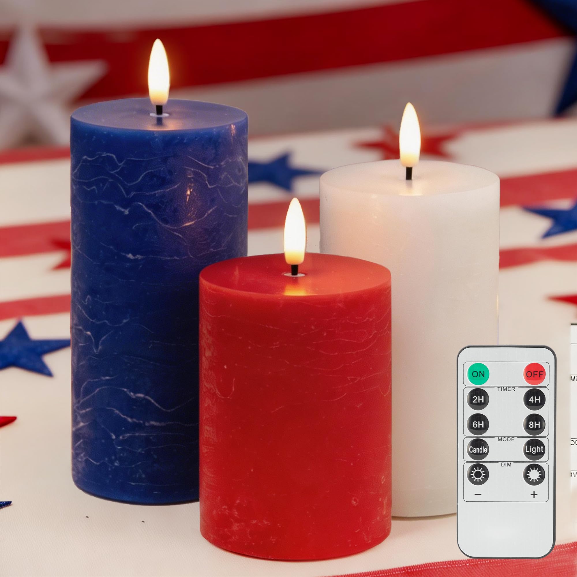 LUSHARBOR Red White Blue Flameless Candles with Remote, 4th of July Battery Operated Candles, 3pcs LED Patriotic Candles for Hom