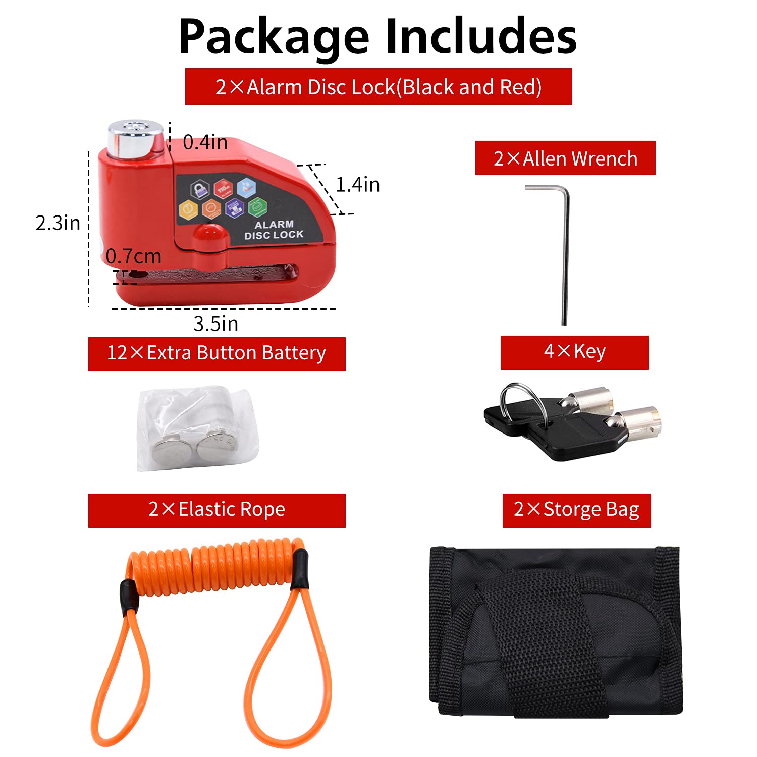 Alarm Disc Lock Set, 2Pcs Brake Lock, Anti Theft Waterproof 110 Db 7Mm Pin 5Ft Reminder Cable For Motorcycles Bike Scooter Carry