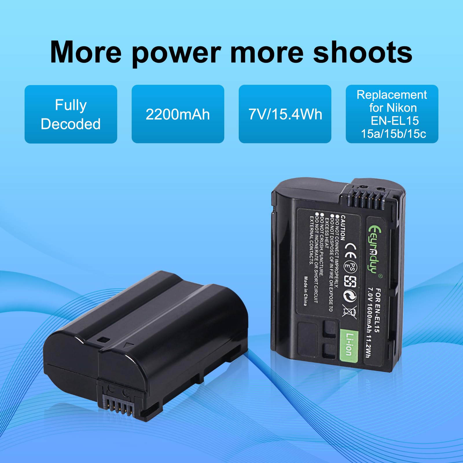 Eeyrnduy En El15 2 Pack Batteries For Nikon Z6 Z7 Z8 D750 D850 D7000 D7500 D7100 D7200 D500 D600 D610 D800 D810 D850 Camera 2200