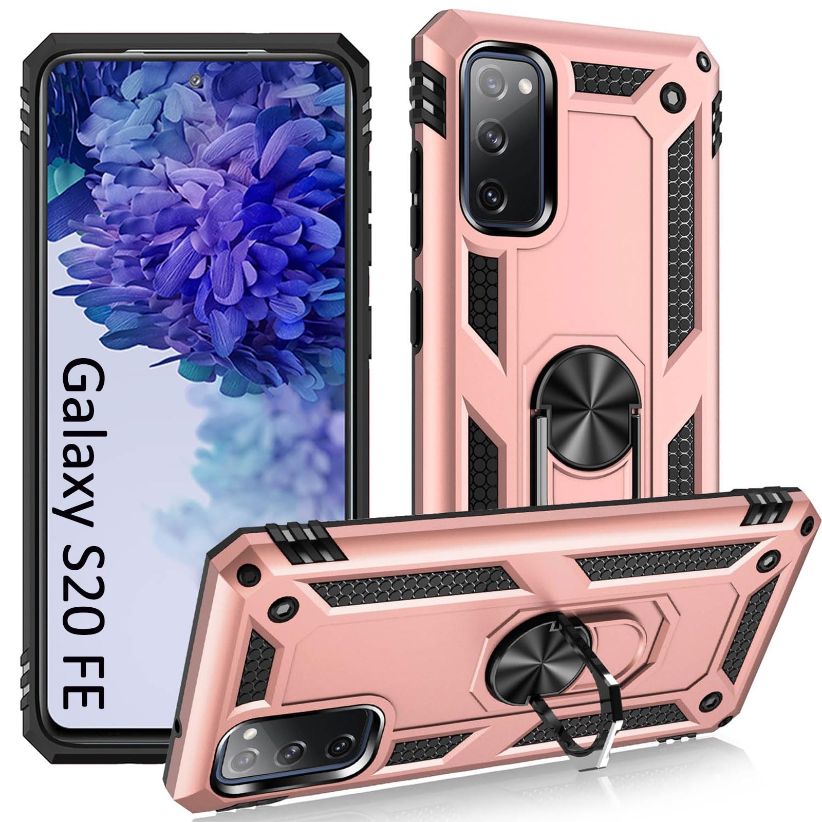 ADDIT Samsung S20 FE Case, Military Grade, Heavy Duty, with Kickstand Ring & Magnet Car Mount - Rose Gold