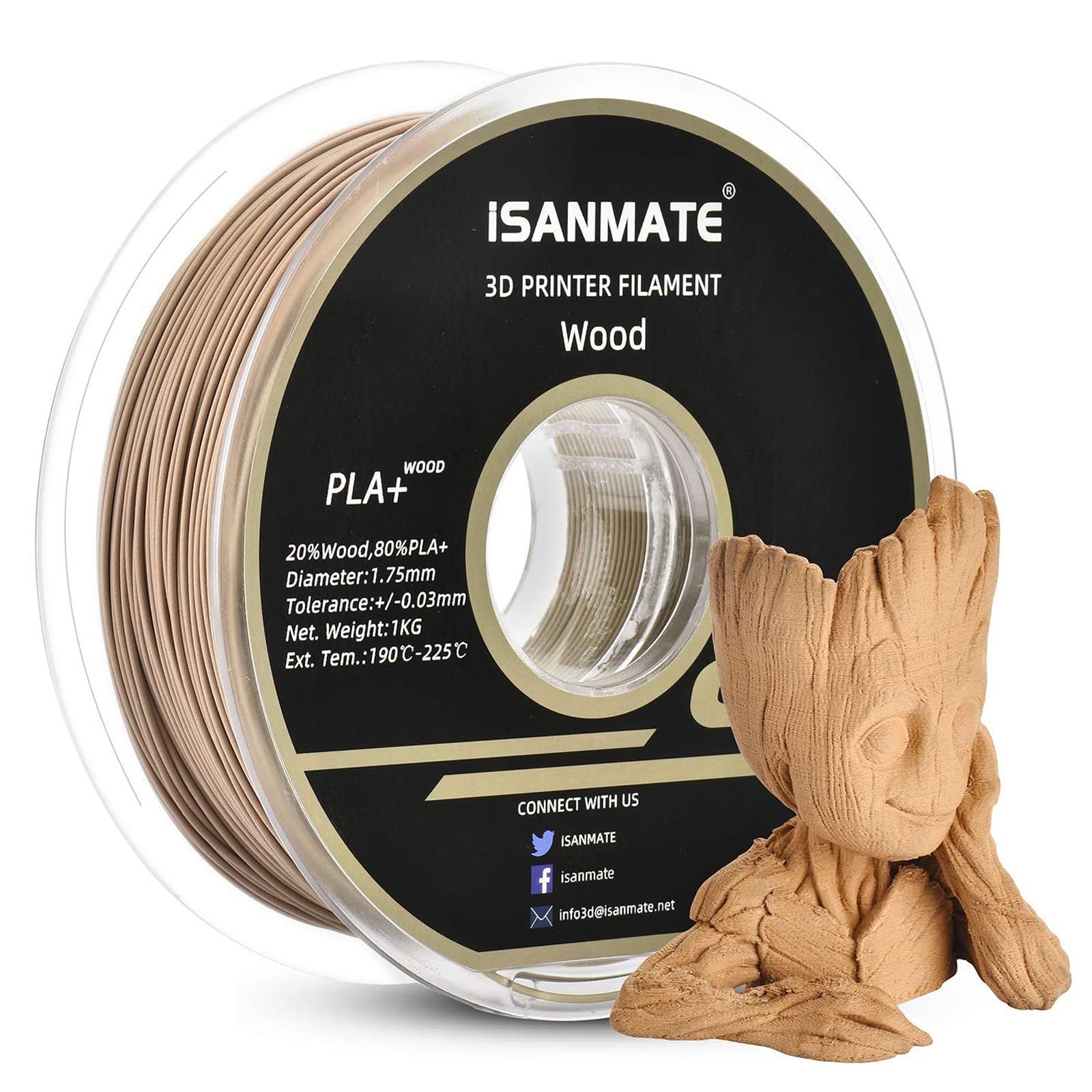 Isanmate Wood Filament 1.75Mm, Pla+ Wood Filament 1.75Mm, 3D Printer Filament 1Kg/Spool (Update 20% Real Wood Fiber)
