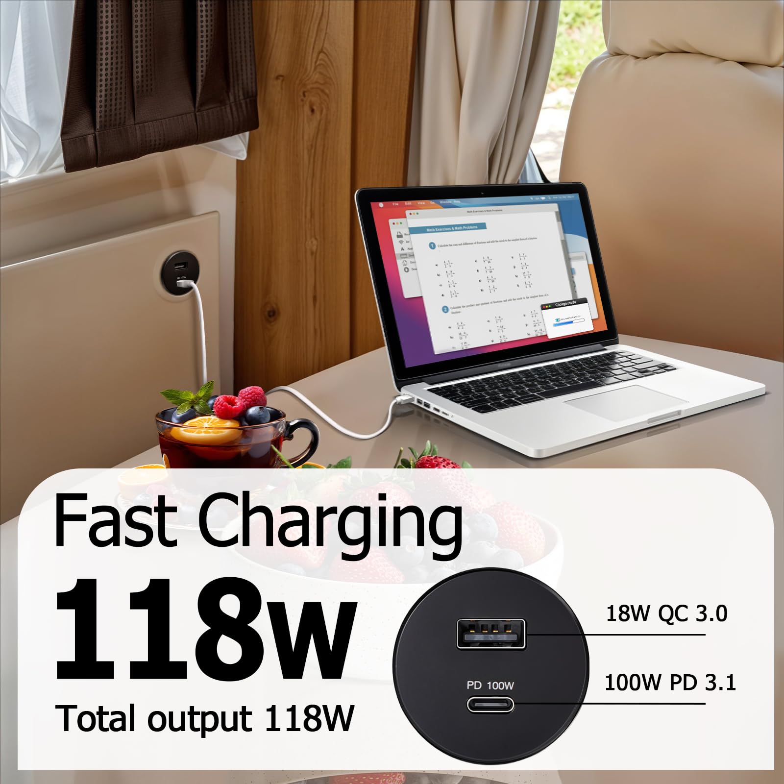 Obeaming 12V Aluminum Usb Outlet 100W Pd3.1 Type-C & 18W Qc3.0 Usb-C Laptop Charger Socket Dual Port Fast Charging Recessed Moun
