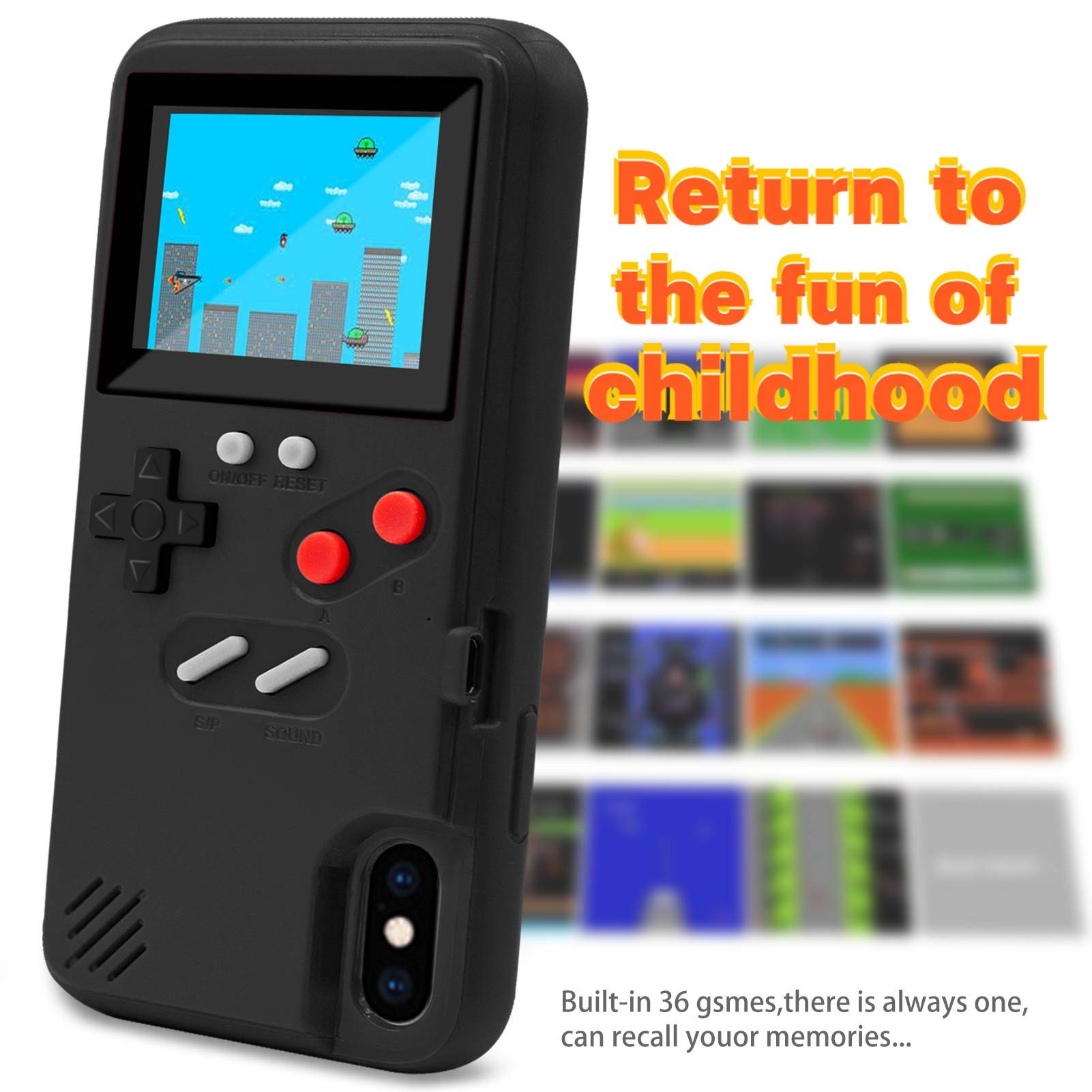 Lucbuy Game Console Case Compatible For Iphone X/Xs, Retro Protective Cover Self Powered Case With 36 Small Games, Full Color Di