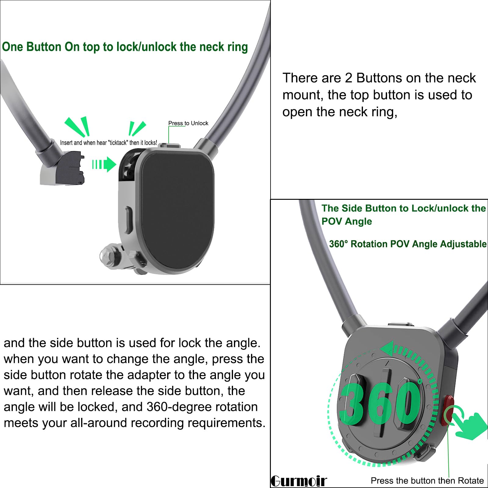 Gurmoir Neck Mount Holder For Gopro. 360� Rotation Pov Necklace Mount For Go Pro 13 12 11 10 9 8 Insta360 X3 X4 Osmo Action 3 4 And More Action Cameras