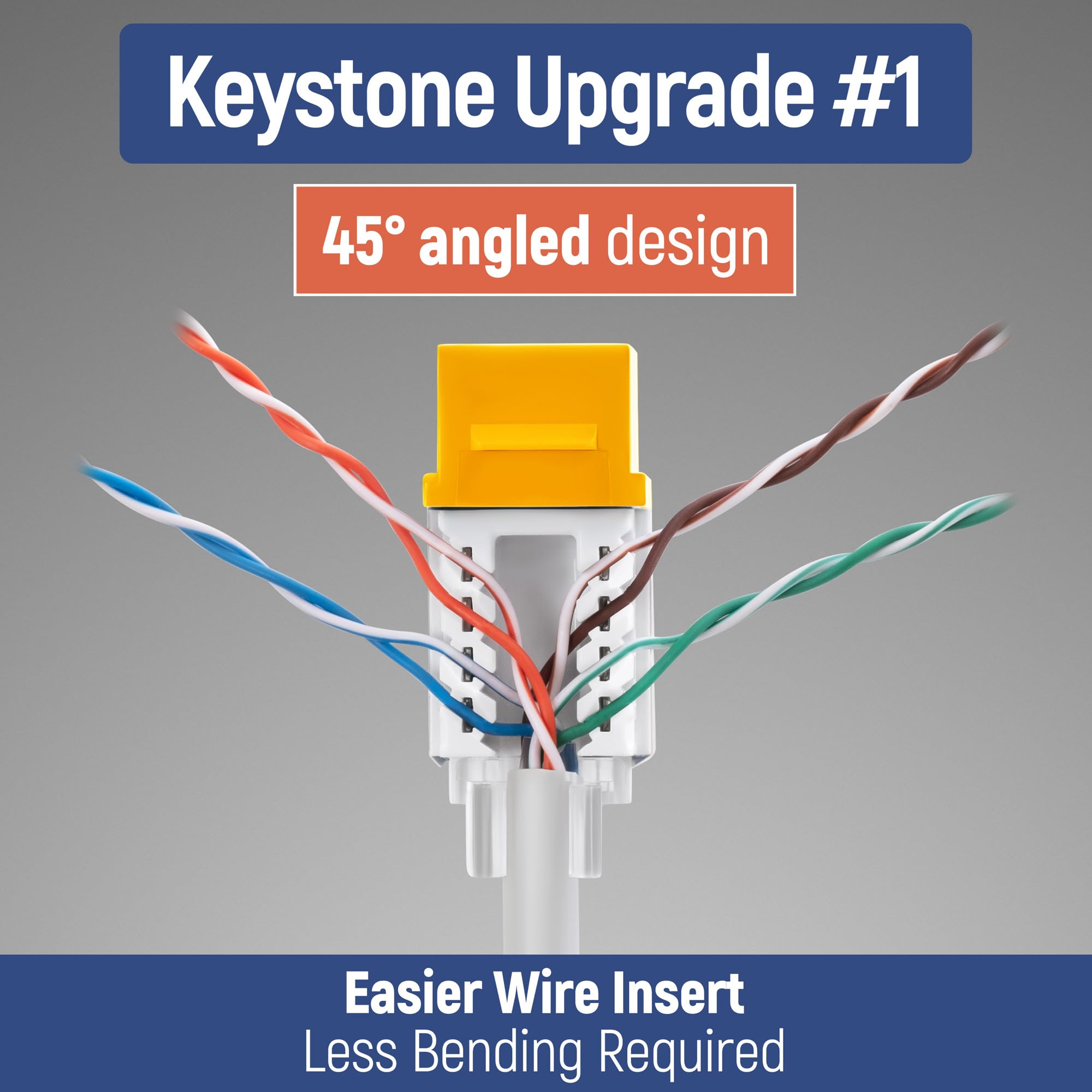 Everest Media Solutions 45 Angled Cat6A Keystone Jack In Yellow   Slim Profile, Utp Rj45 Female Ethernet Connector   Compatible