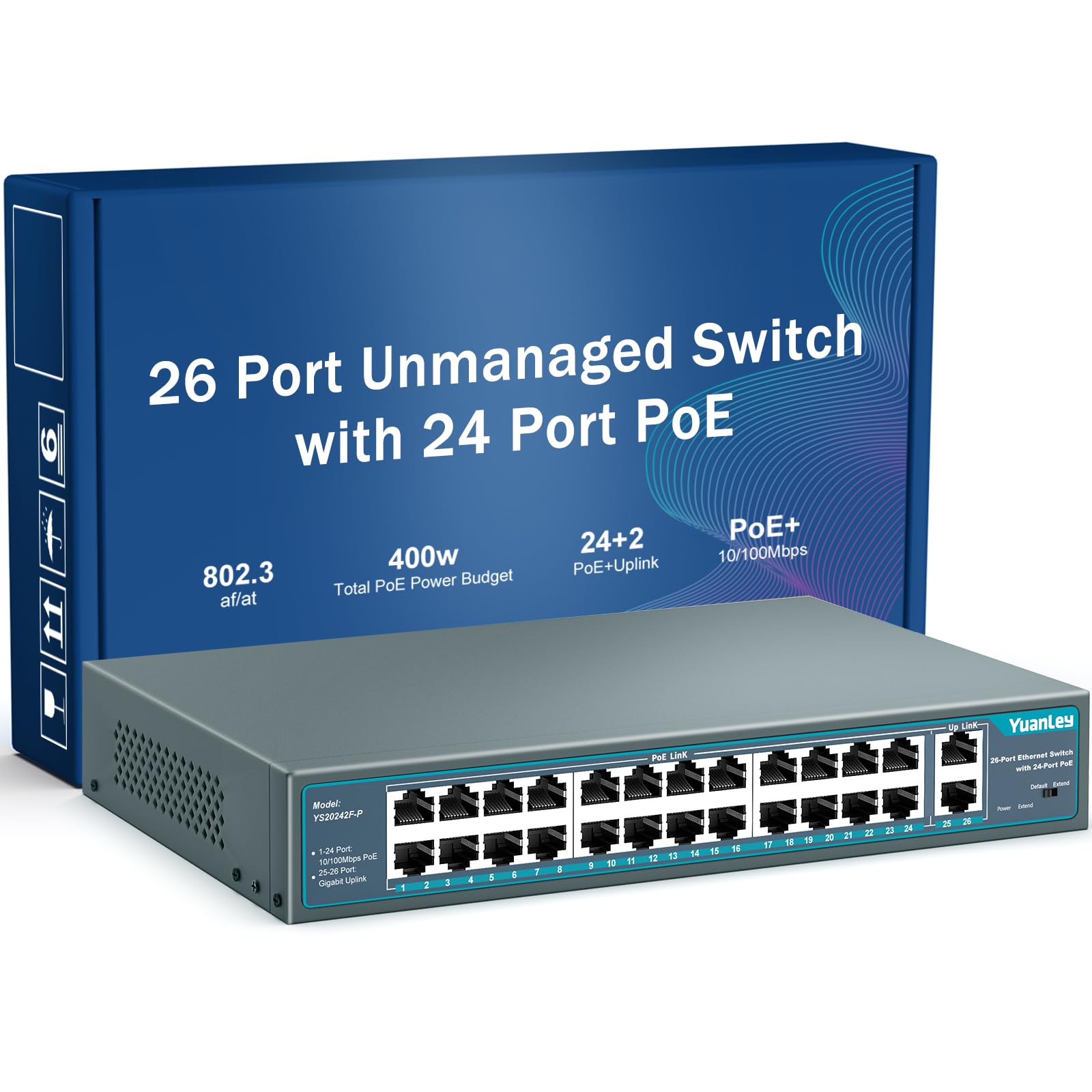 Yuanley 24 Port Poe Switch With 2 Gigabit Ethernet Uplink Port, Unmanaged 26 Port 802.3Af/At 400W Power Poe+ Network Switch, Rac