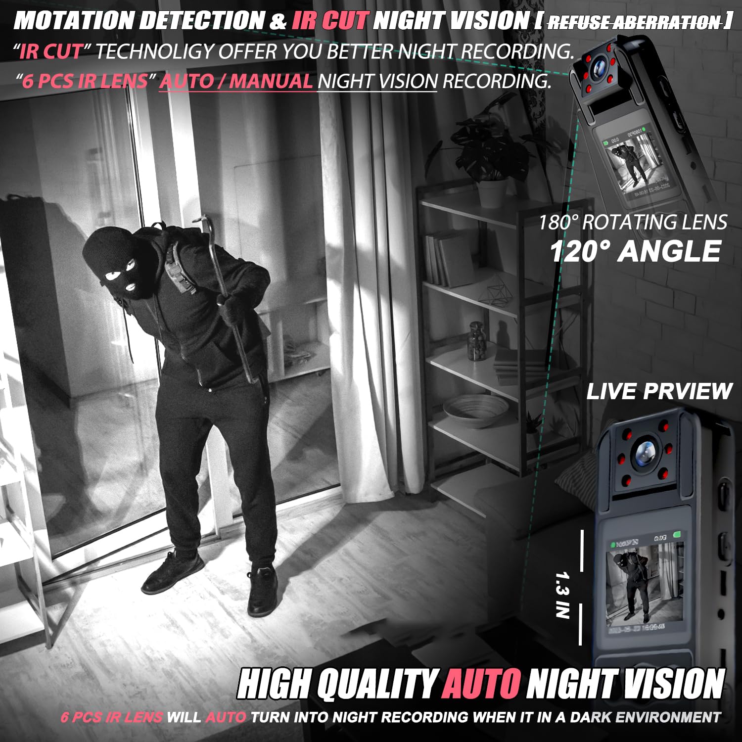 Body Camera With Audio And Video Recording, Hd 1080P Body Cam With 180� Rotating Lens, 6Hr Battery, Ir Cut Auto Night Vision, 128Gb Body Worn Camcorder, For Personal Civilians, Police Law Enforcement