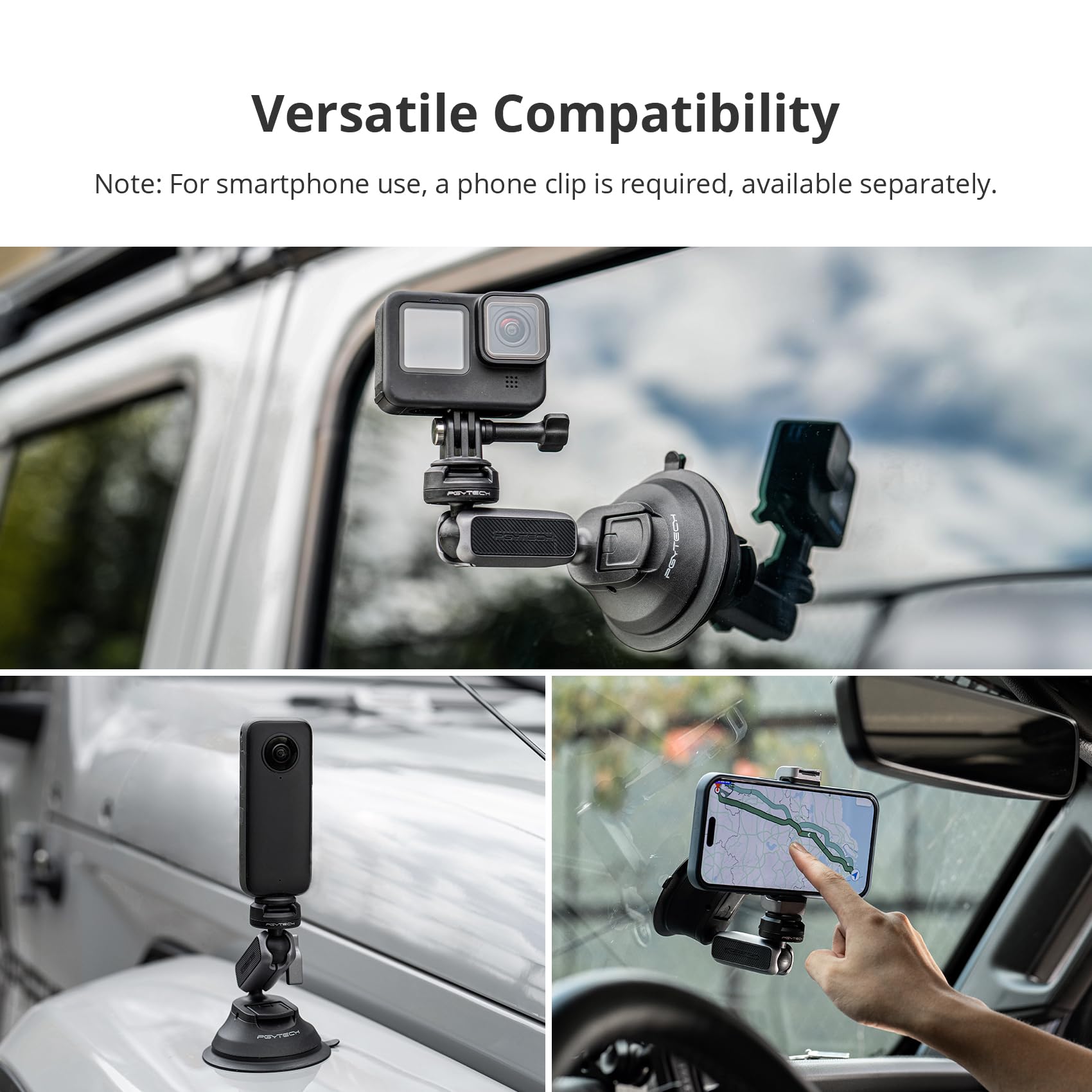 Pgytech Caplock Suction Cup Car Mount Compatible With Dji Osmo Action 5 Pro/4/3, For Gopro Hero 13/12/11/10, For Osmo Pocket 3, For Insta360 Ace Pro 2/X4/X3/One Rs/R, Action Camera With 1/4' 20 Thread