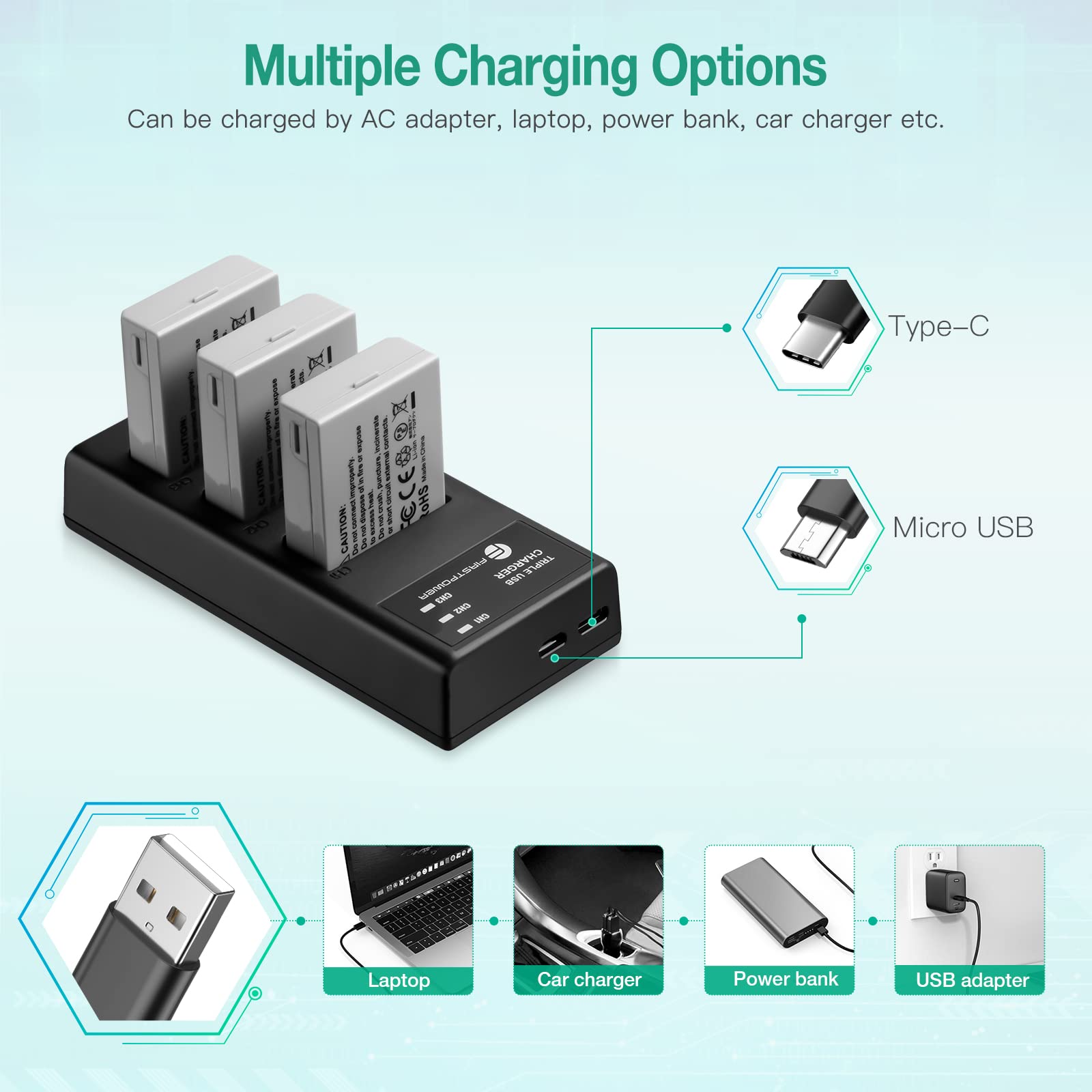 FirstPower LP-E5 Camera Battery 3-Pack Triple Charger Kit for Canon EOS Rebel XS T1i XSi 1000D 500D 450D Black