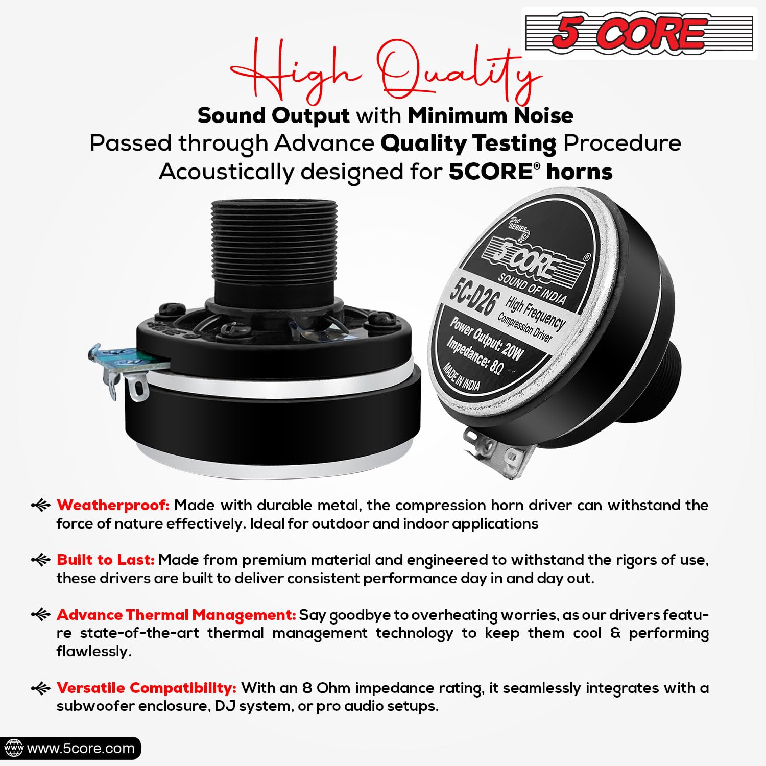 5 Core Compression Driver 1'' Exit Screw On Horn 200W Pmpo Tweeter Driver Unit High Frequency 8 Ohms 1'' Voice Coil 108Db Also F