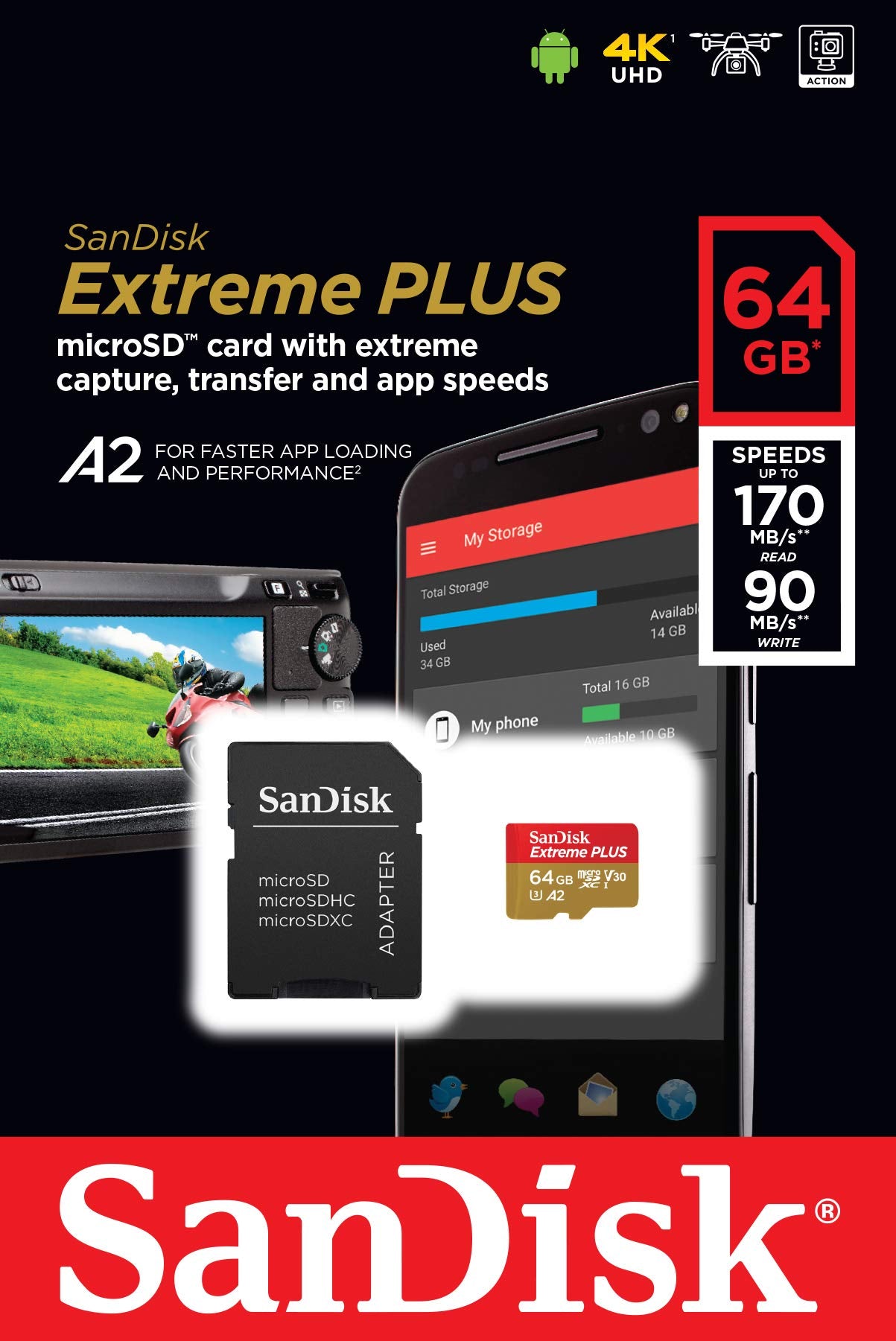 Sandisk Extreme Plus 64 Gb Microsdxc Memory Card + Sd Adapter With A2 App Performance Up To 170 Mb/S, Class 10, U3, V30