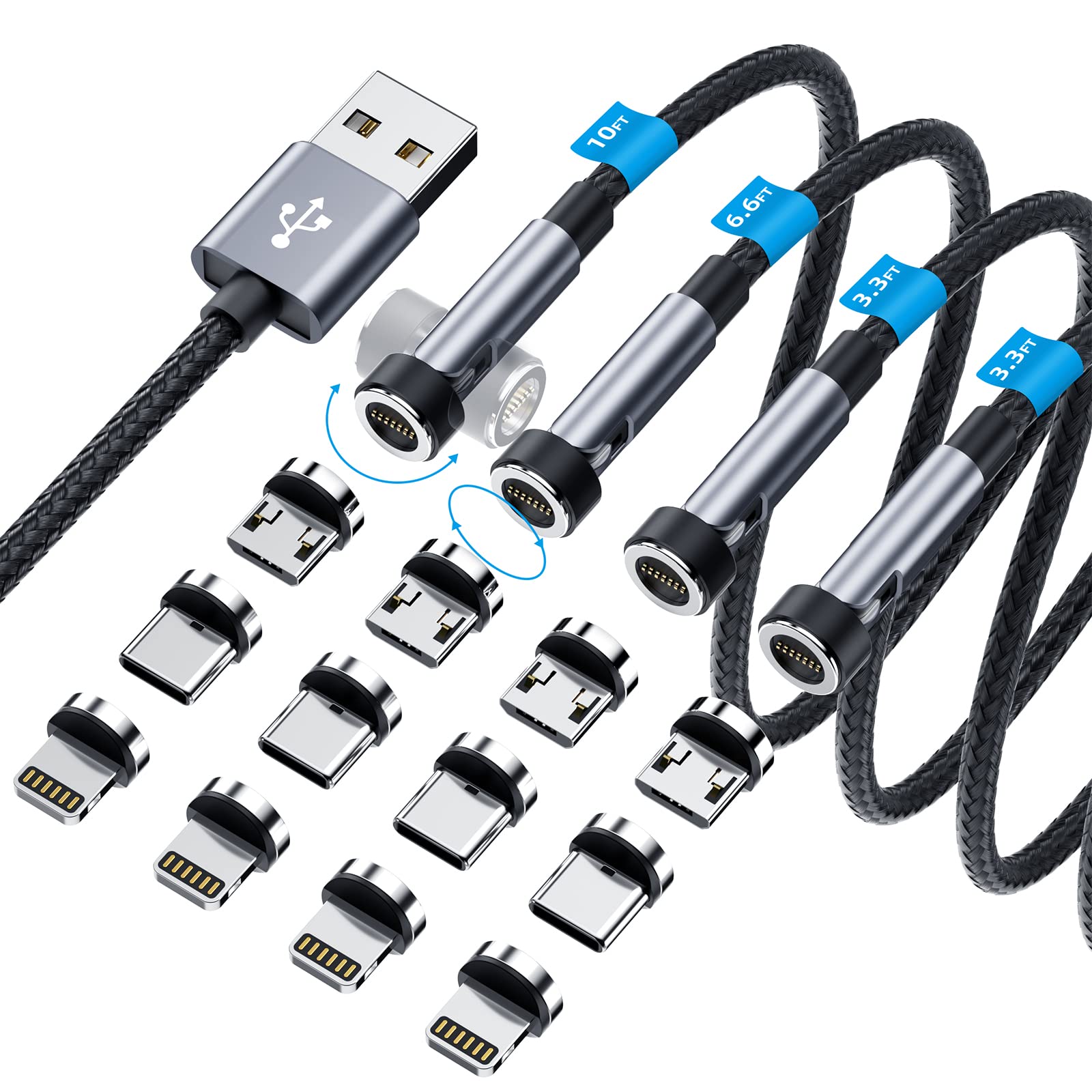 540 Rotation Magnetic Charging Cable, 3 In 1 Magnetic Phone Charger [4 Pack, 3Ft/3Ft/6Ft/10Ft] 3A Fast Charging Cable Support Da