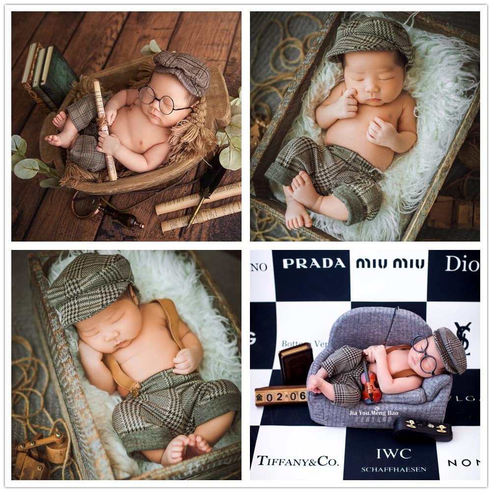Coberllus Newborn Monthly Baby Photo Props Stripe Checked Fabric Flat Cap Newsboy Cap & Suspender Pants Romper For Photography O