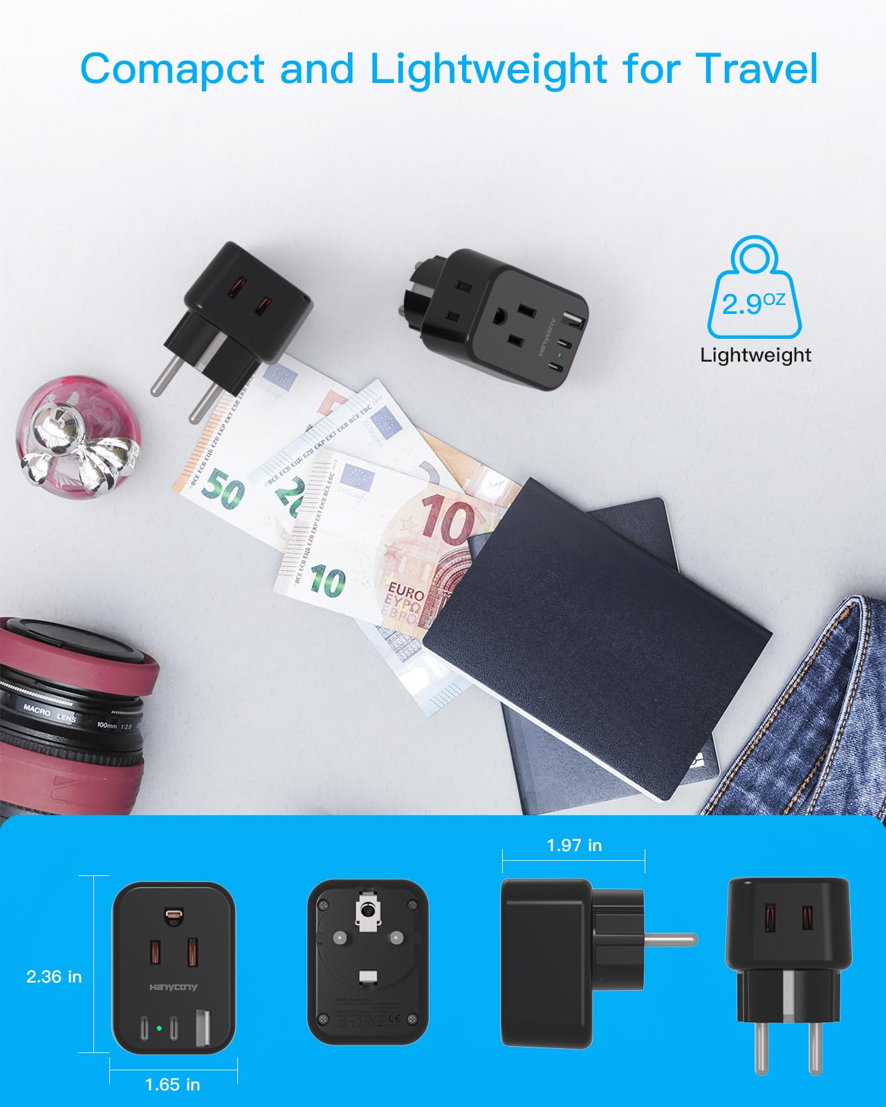 Type F Travel Plug Adapter, Germany France Type E Travel Power Adapter With 2 Outlets 3 Usb Ports(2 Usb C) For Us To Europe Eu S