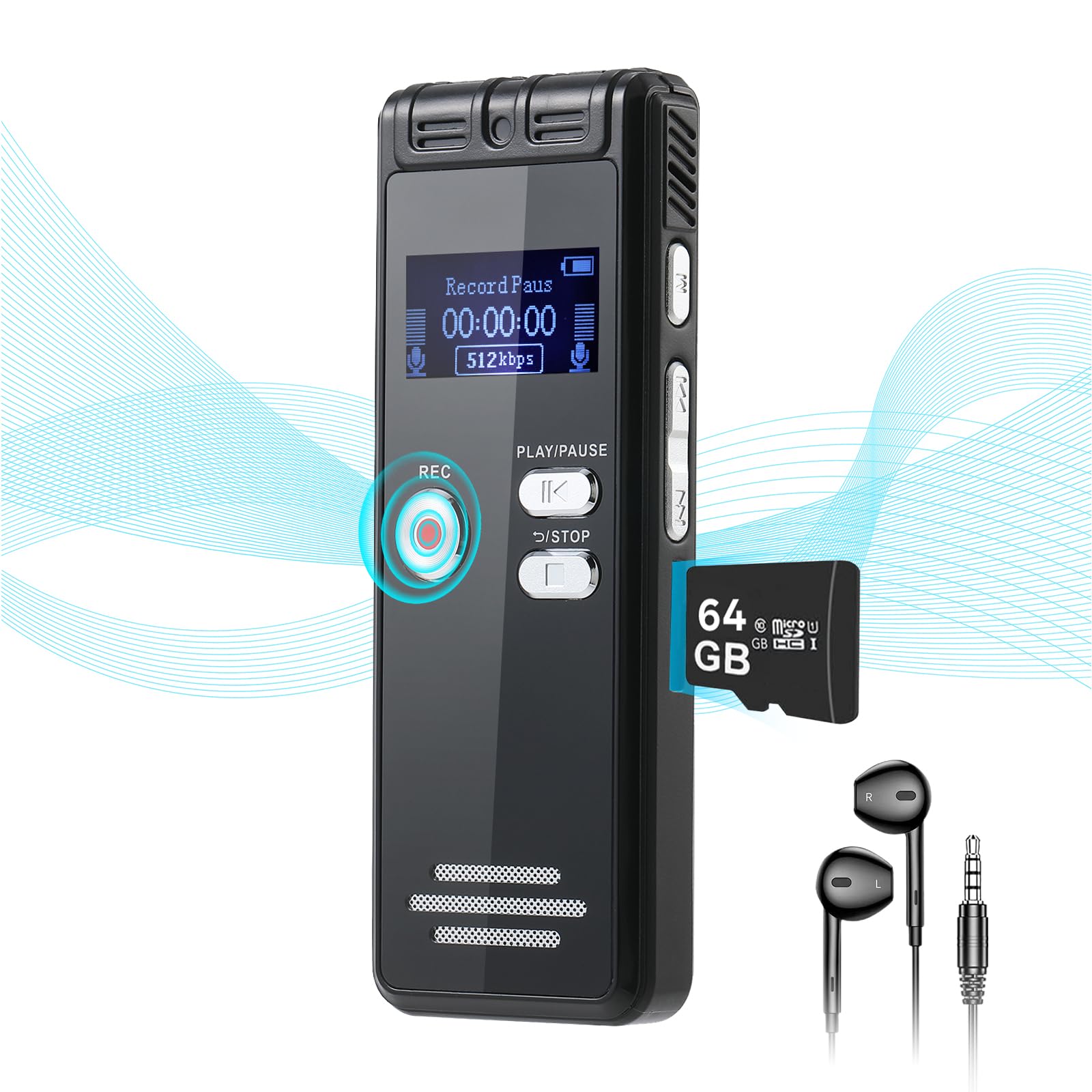 64GB Digital Voice Activated Recorder with Playback - 3072Kpbs HD Dual MIC Tape Voice Activated Recorder with Noise Reduction fo