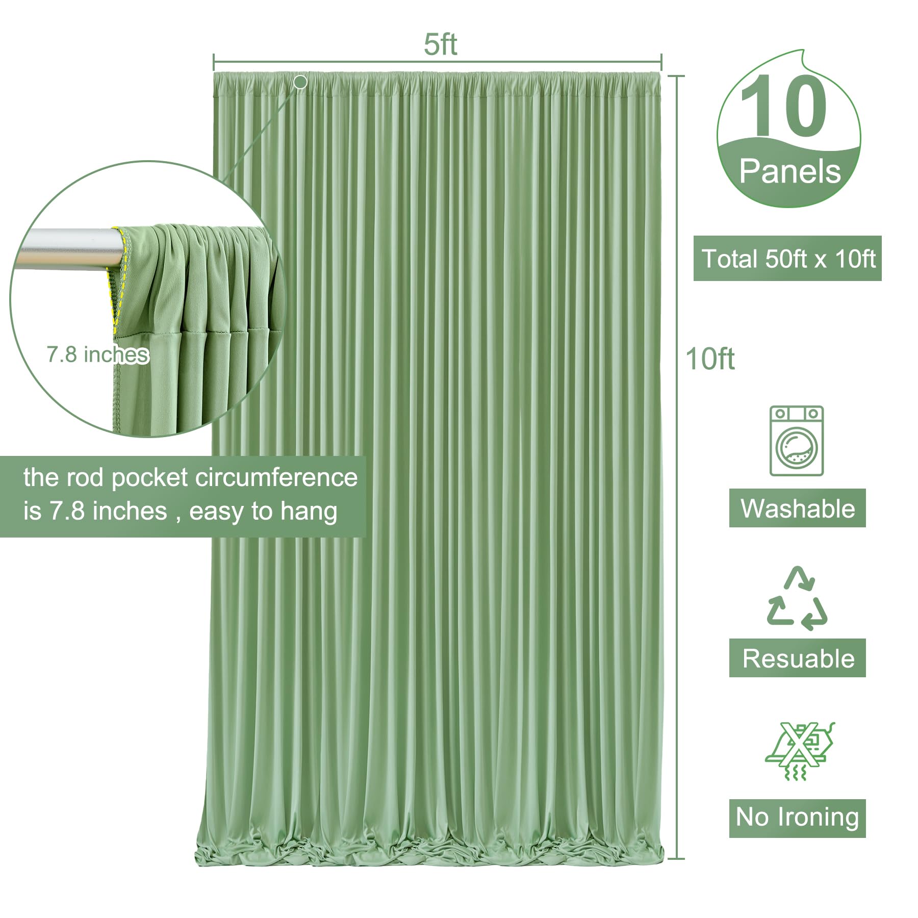 10 Panels Sage Green Backdrop Curtain For Parties Wrinkle Free Dark Green Photo Curtains Backdrop Drapes Fabric Decoration For W