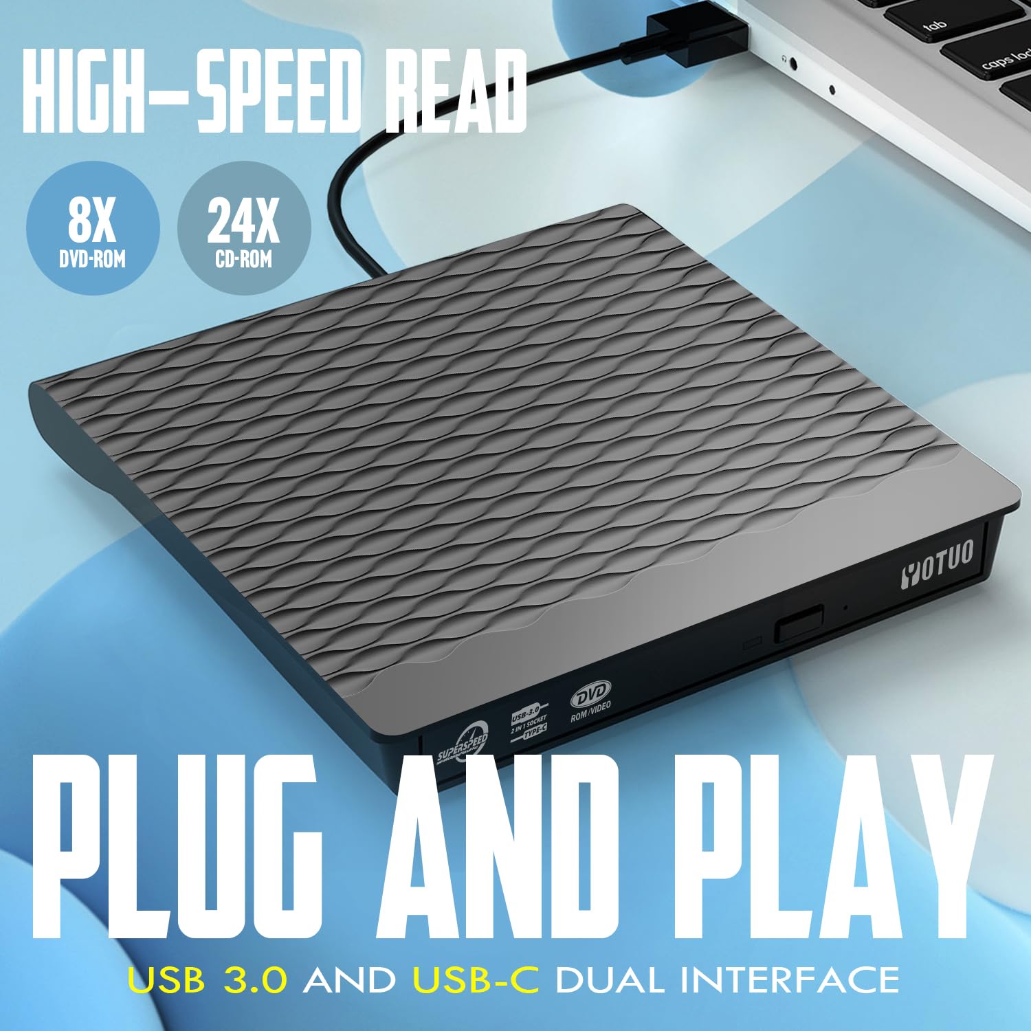 Yotuo External Dvd Drive For Usb 3.0 Type C, Portable Dvd Write Cd Burner Rw Rom Optical Drive Player Reader Disk Disc With Lapt