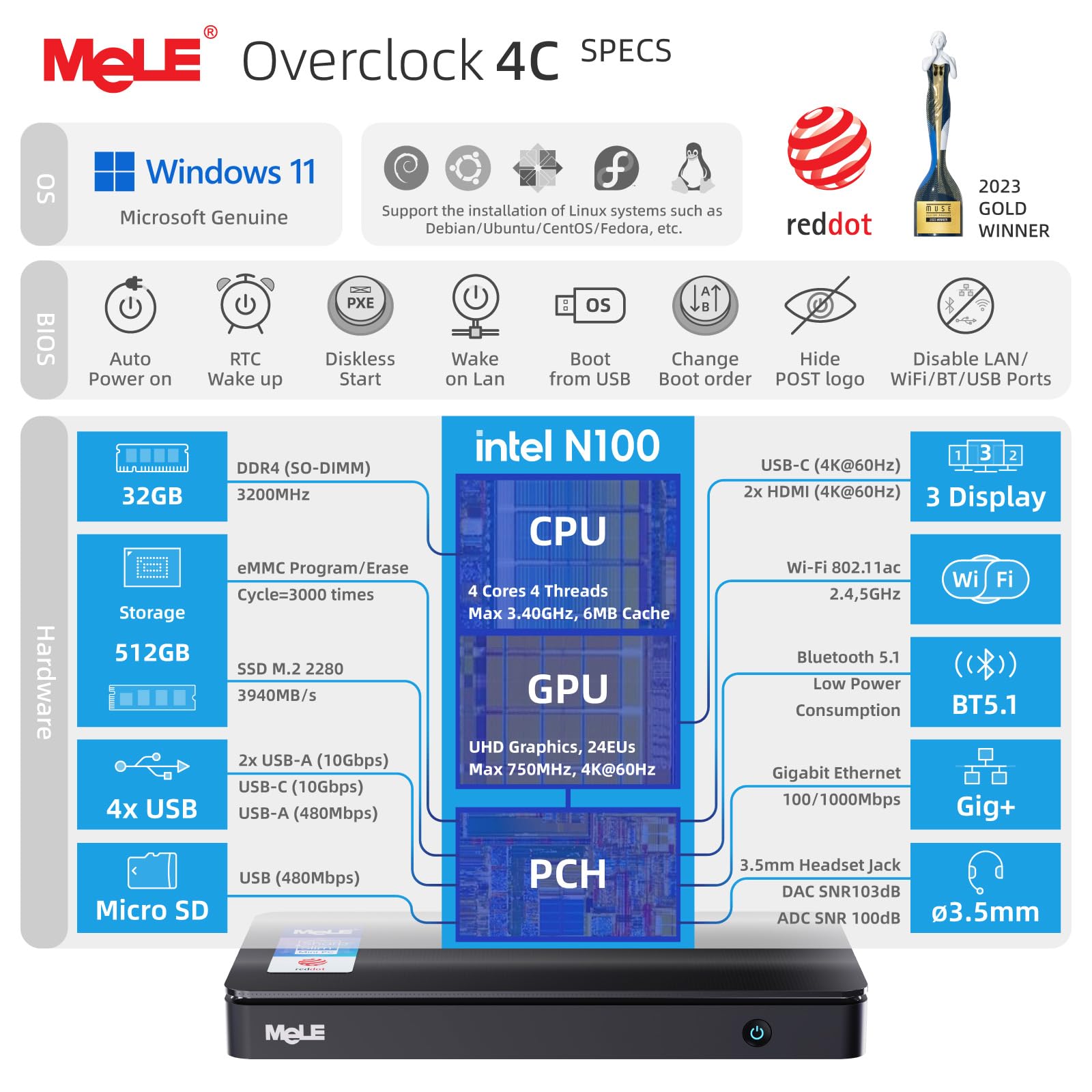 Mele Mini Pc Overclock4C Windows 11, N100 32Gb 512Gb Micro Computer, Palm Size Desktop With 4K Hdmi, Usb C Video Output, Gigabit
