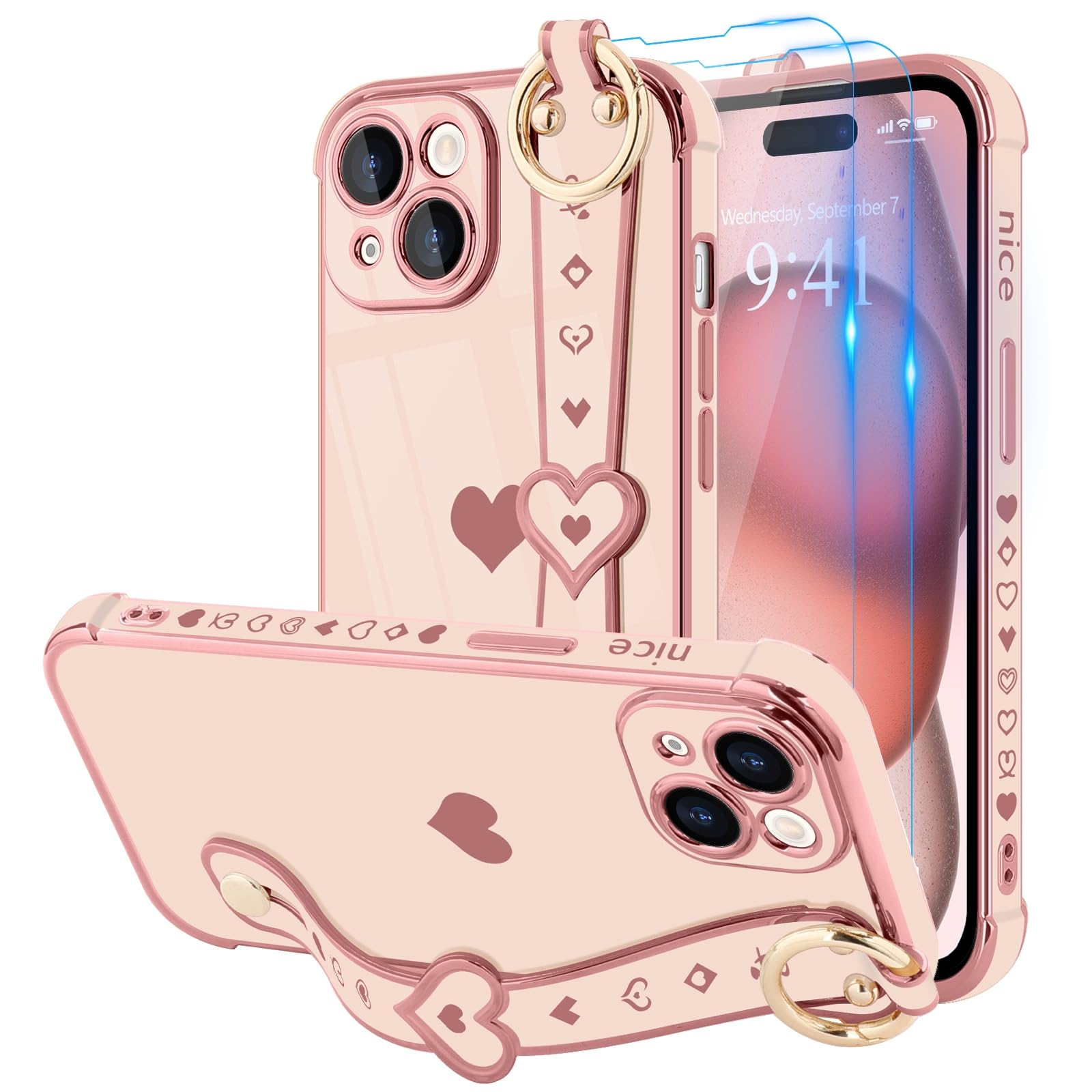 Llz.Coque For Iphone 15 Plus Case With Strap For Women Girls [2   Screen Protectors], Cute Love Hearts Design, Wristband Kicksta