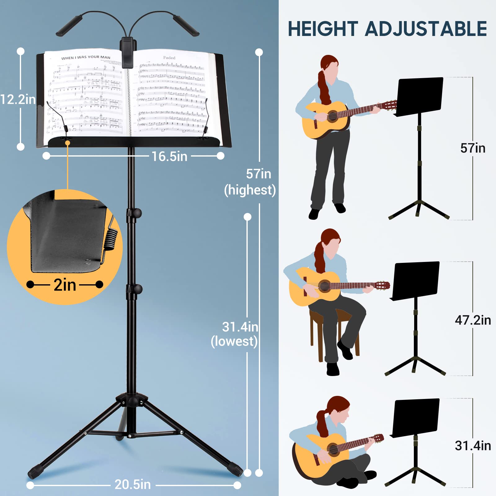 Cahaya 6 In 1 Sheet Music Stand With Stand Light Desktop Book Stand With Carrying Bag, Sheet Music Folder & Clip Metal Portable
