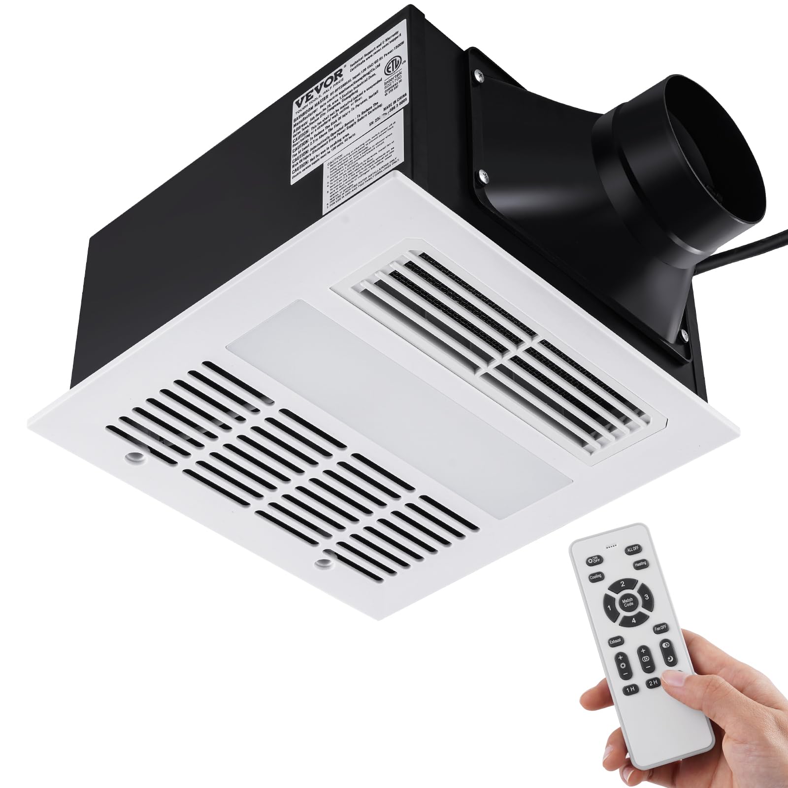 Vevor Bathroom Exhaust Fan, 110 Cfm Ventilation, 1.5Sones Low Noise Operation, Remote Control, Cooling&Heating, Led Light 3000/4