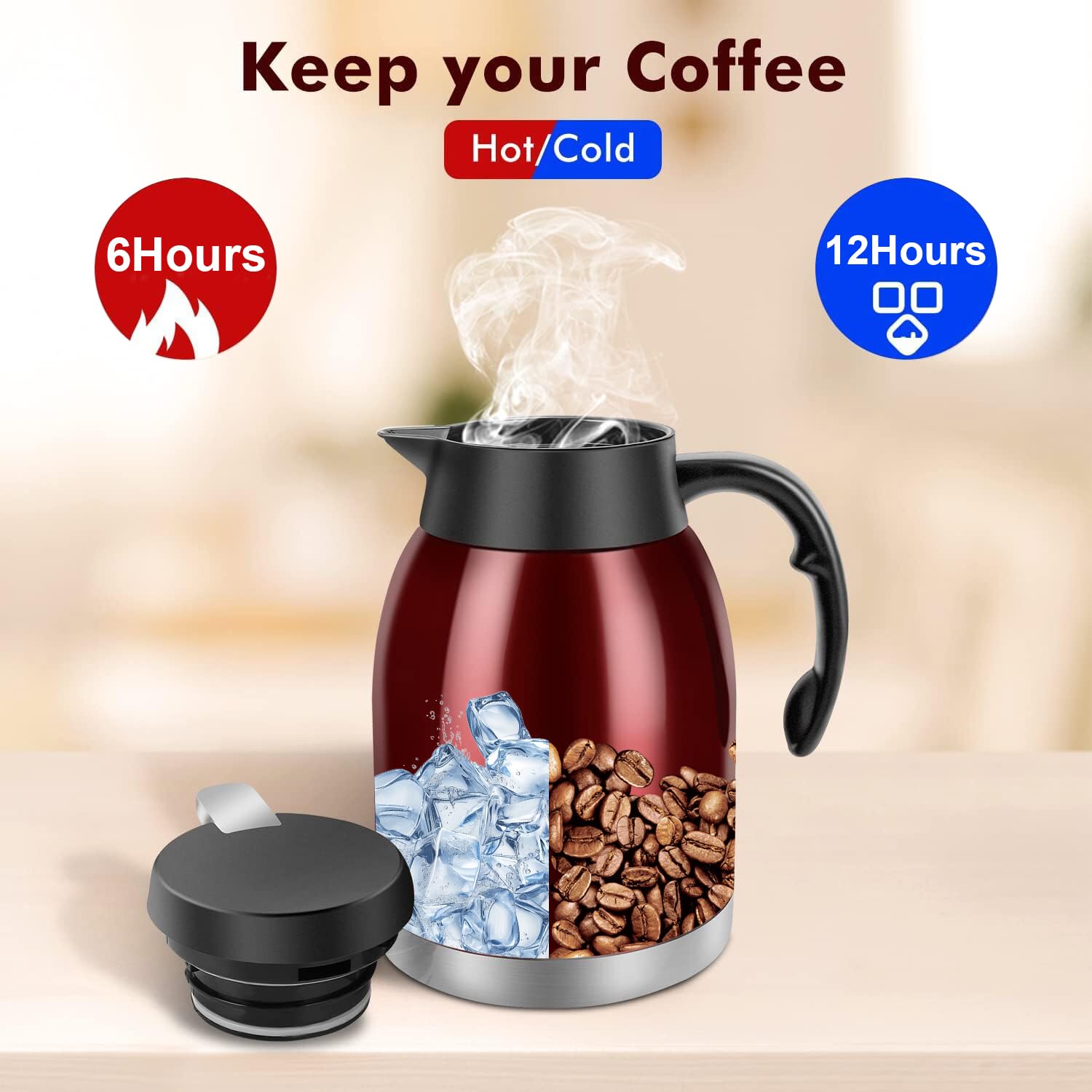 Stainless Steel Thermal Coffee Carafe Dispenser, Unbreakable Double Wall Vacuum Thermos Flask Large Capacity 54Oz 1.6L Water Tea