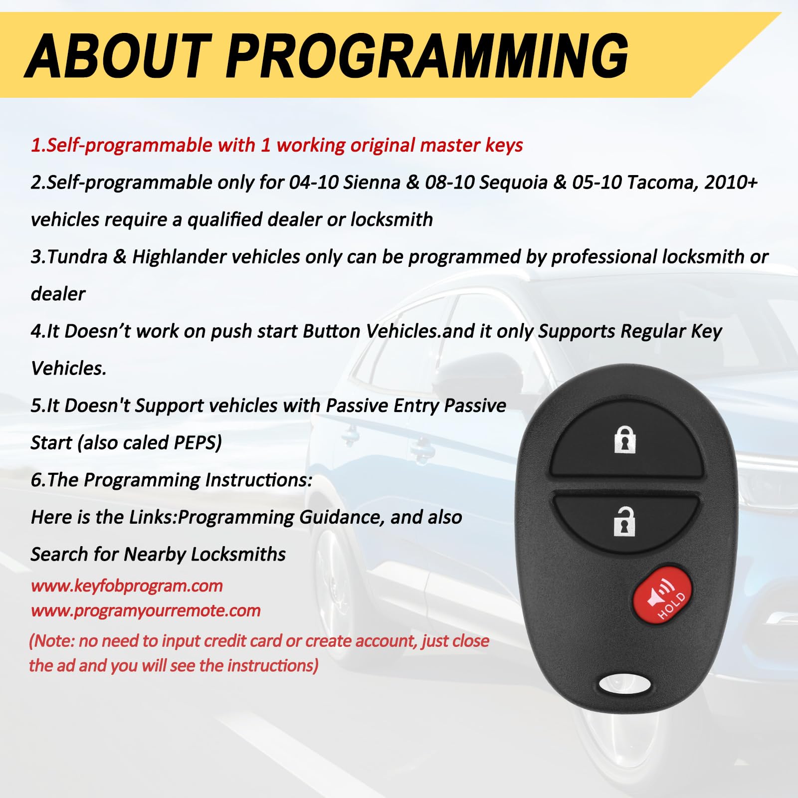 Key Fob Replacement For 2008-2013 Toyota Highlander/ 08-18 Sequoia/ 04-17 Sienna/ 05-16 Tacoma/ 07-18 Tundra Car Keyless Entry R