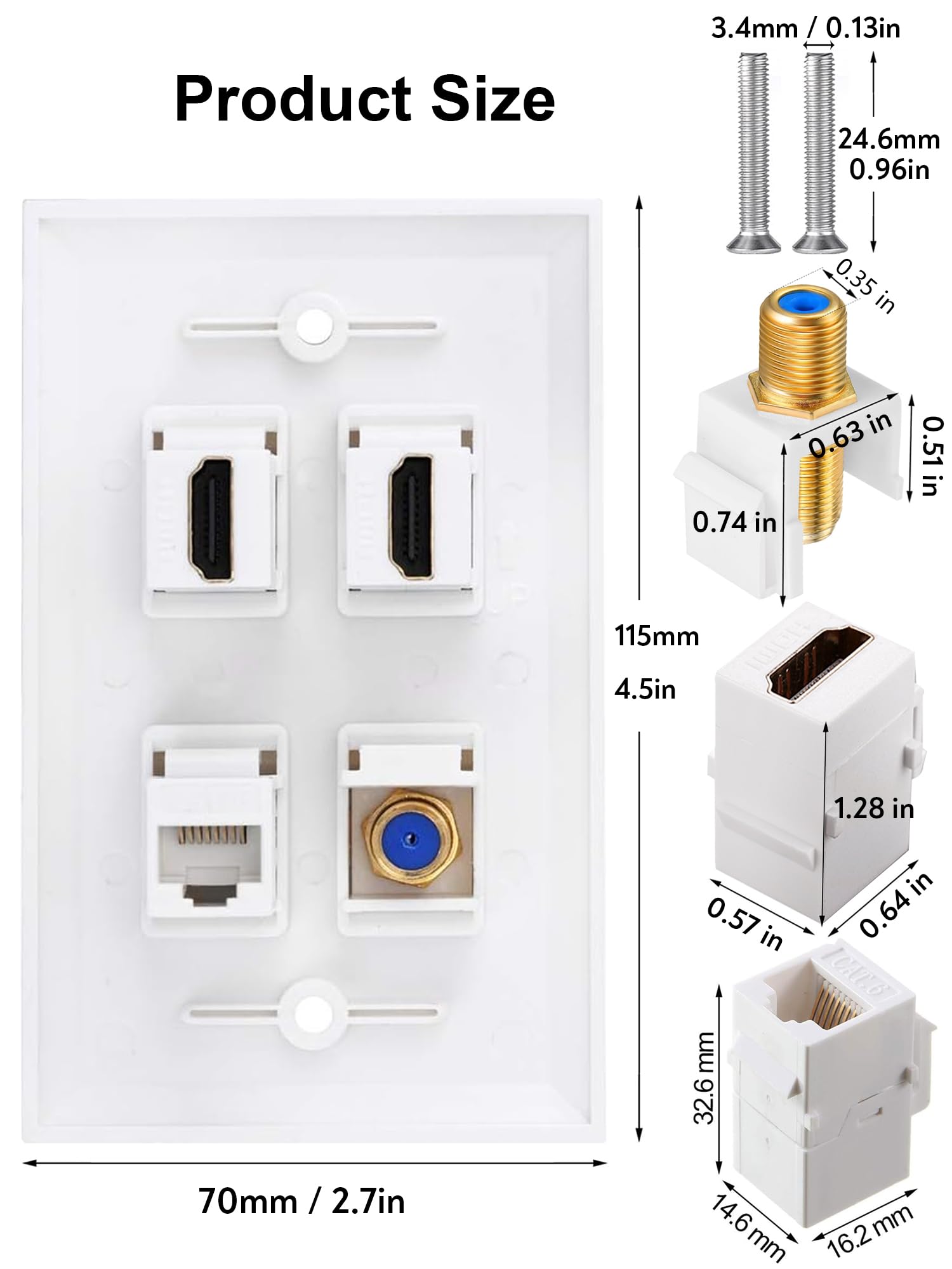 Hdmi Coax Ethernet Wall Plate, 2 Port 4K Hdmi Keystone Female To Female, 1 Port Coax Keystone Female To Female, 1 Port Cat6 Keys