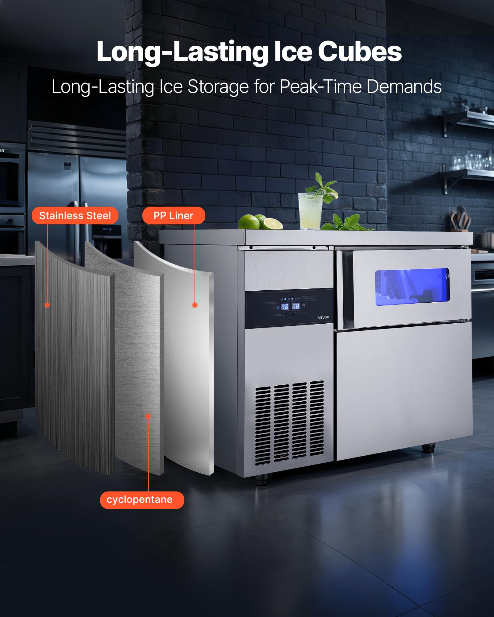 Vevor Commercial Ice Maker Machine, 220 Lbs/24H Stainless Steel Ice Machine With Worktop, 66 Lbs Storage & 108 Cubes/Cycle, Self