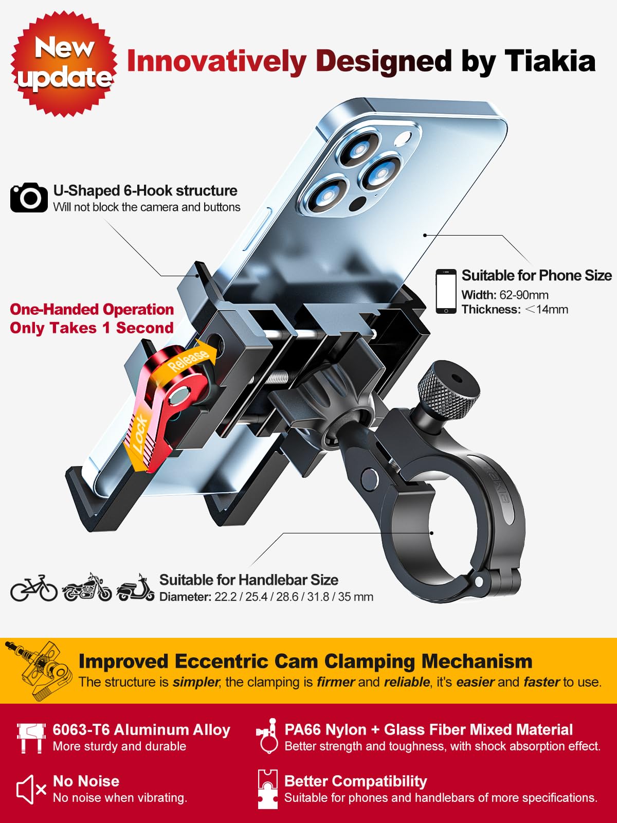 Tiakia Bike Phone Mount Holder, Aluminum Motorcycle Phone Mount, Handlebar Mounted Cell Phone Holder For Bike, 360 Rotation, Uni