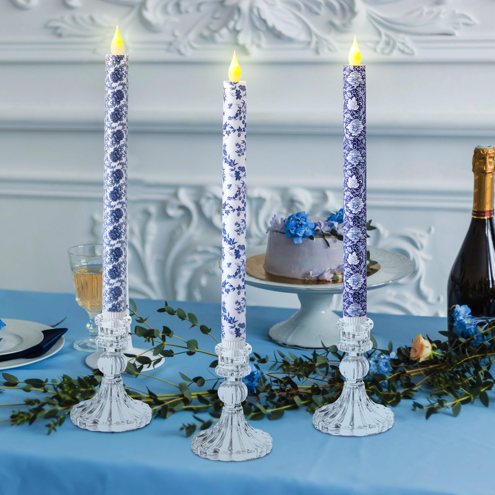 Baquler 6 Pcs Chinoiserie Flameless Candles 10.6 Inch Blue And White Battery Operated Led Candlesticks Chinoiserie Decor For Wed