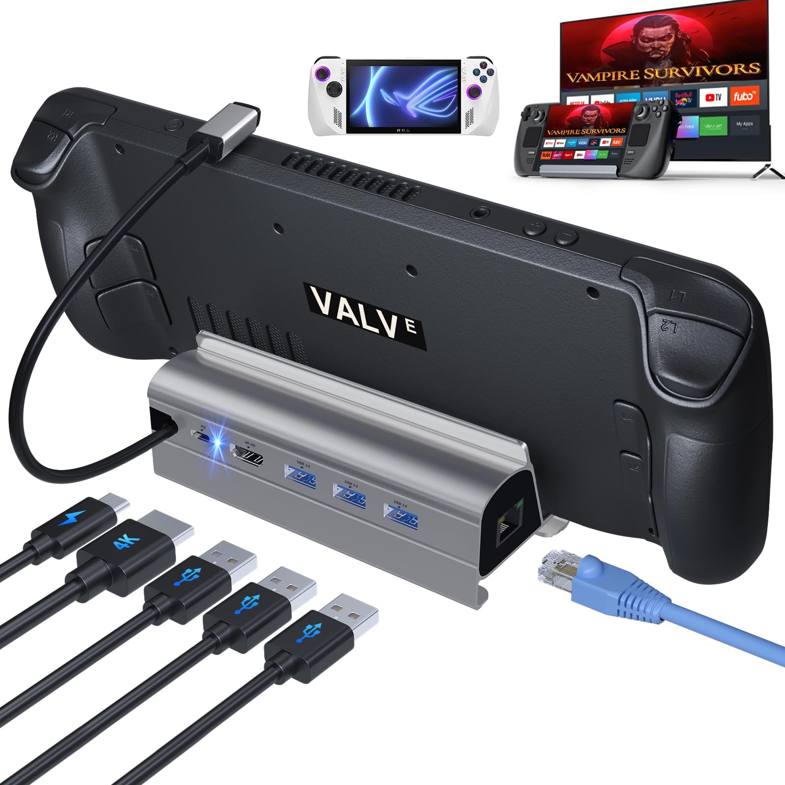 Docking Station for Steam Deck ROG Ally, 6 in 1 Stream Deck Dock with HDMI 2.0 4K@60Hz, 1000Mbps Gigabit Ethernet, 3 USB-A 3.0 a