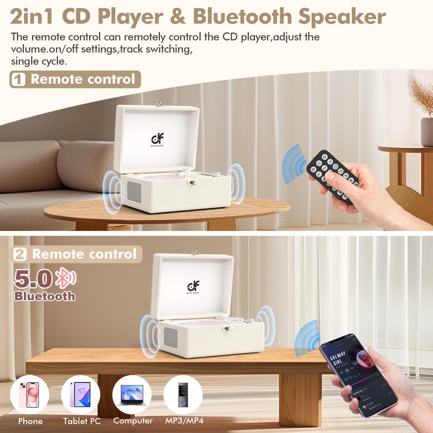 Cd Player Retro With Upgraded Speakers Bluetooth In/Out Rechargeable Portable Cd Player For Home With Led Screen Boombox Usb Type C Creamy White