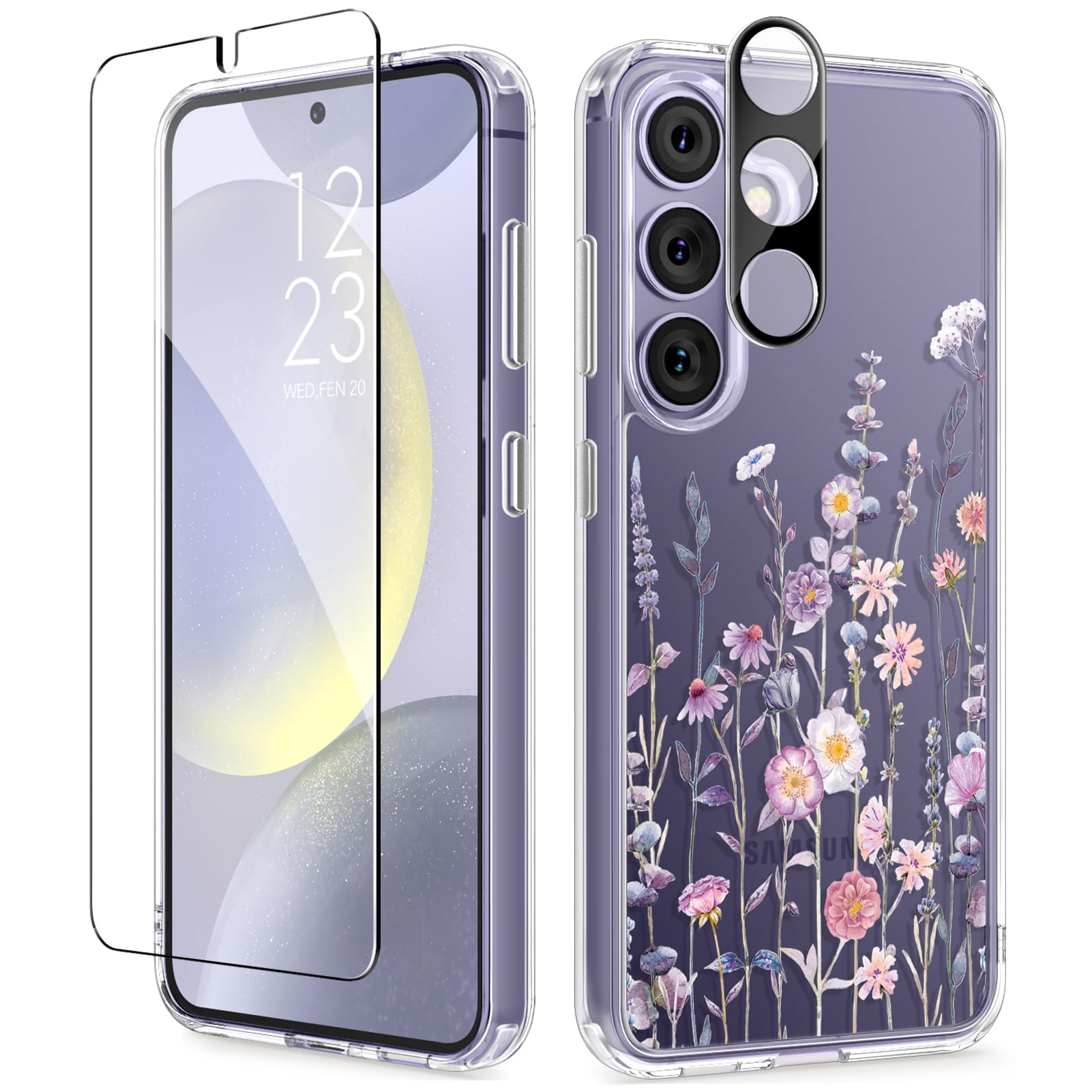 Gviewin For Samsung Galaxy S24 Case Floral, With Screen Protector & Camera Lens Protector, Hard Pc&Tpu Bumper Clear Shockproof P