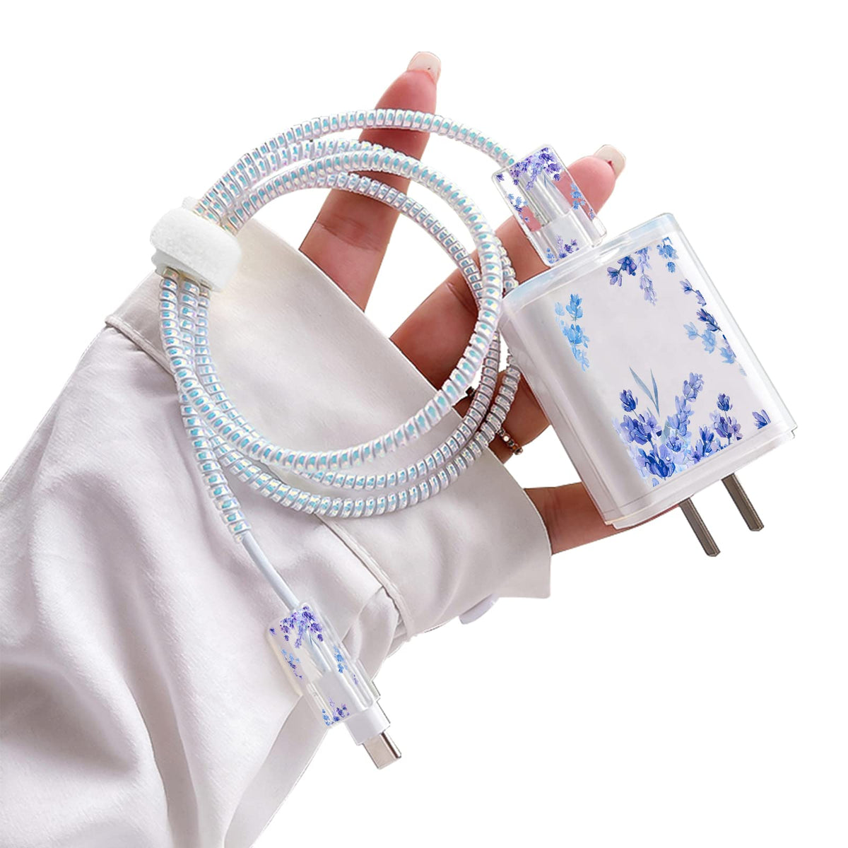 Cute Cable Protector For Iphone Charger,Kawaii Purple Lavender Flower Floral Pattern Unique Design Data Cable Bite Protector Dat